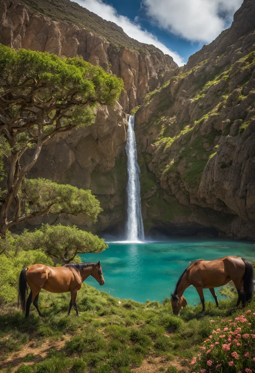earth paradise, flowers, nature, socotra style trees, waterfall, blue lake, horses, a small cottage, blue sky, green grass, golden ratio, 8k, realistic((best quality)), ((master part)), (circunstanciado), rosto perfeito