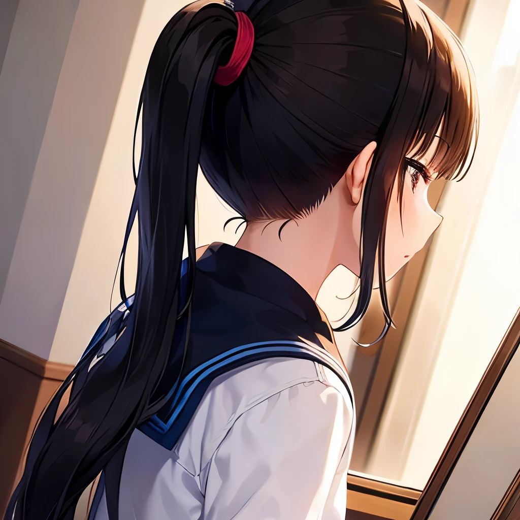 Middle school students,beautiful girl,Ministry alive,transparent,reflection,ponytail,black hair,Fair skin
