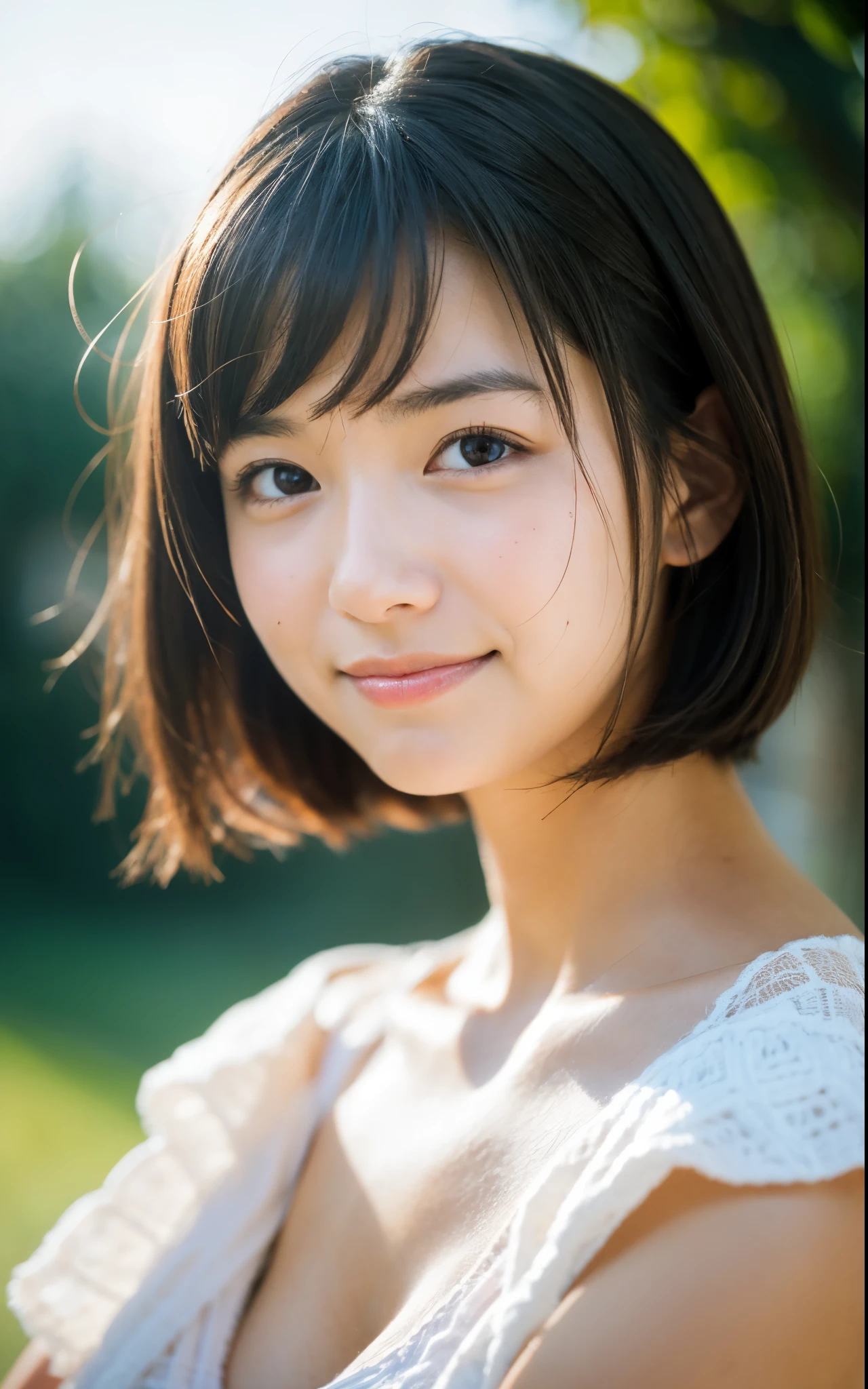 muste piece, best quality, 8K, 1 girl, good hand, 14 yo, close up of face, Bustling, active, Life Breasts Force, Luminescent, looking away, Raw photo, Breasts F/1.8, 135 mm, nikon, anatomically correct, It's blurry,textured skin, professional photography, People photography, soft light, professional lighting, solo, (shy smile), cute type, girl style, boobs film grain, (detailed eyes and face:1.0), brown hair, Short hair swaying in the wind, bangs
