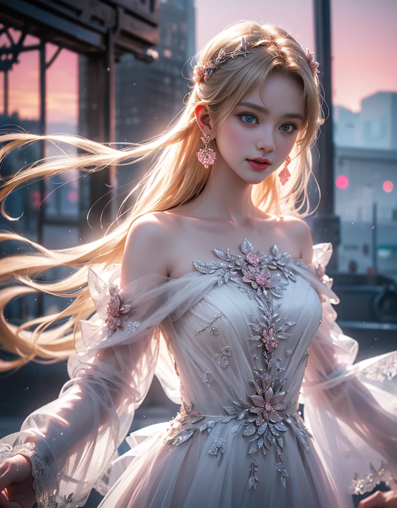 masterpiece，Highest image quality，Super detailest quality ,extremely delicate and beautiful, Very detailed,best quality, official art, Extremely detailed CG unified 8k wallpaper, portrait photo, The most beautiful look，Blonde hair, blue eyes，Radiant skin and radiant eyes, beautiful skin,(detailed lighting:1.2), (Beautiful and detailed light:1.3), deep understanding, beautiful nude color, complex, digital painting, Smooth, sharp focus, end of the world, epic reality,looking at camera， (high dynamic range:1.4),face camera， (pastel colors:1.4), beautiful big breasts，end of the world的, give up, neutral color, night, screen space refraction, (intricate details, Super detailed:1.3), art station, movie shot, vignette, complex background, buliding，charming smile，Blushed，Shy，detailed background，（Various colors of dream catcher earrings missing color，Color is black，White，pink，Purple，red，blue，orange color，green，blue，，），sexy and sultry，（exposed，camel toe，comb neatly，），The sexiest look，Crystal Pink Diamond Venetian Sunset Rose Transparent Dress，Ultra thin，translucent，lace，hollowed out，（Off-the-shoulder large open-breasted crystal pink diamond transparent hollow open wedding dress:1.6), pink背景，