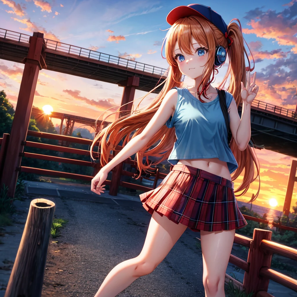Red-blonde、blue hair、blue eyes、Braid、ponytail、one good looking girl、solo、anime、Plaid miniskirt、black t-shirt、camisole、forest、walking、Wearing a plaid baseball cap、barefoot、Tilting your face、log bridge、Doing the ribbon、sunset sky、Wearing headphones、Stone bridge、train track