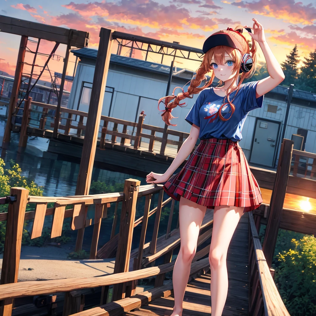 Red-blonde、blue hair、blue eyeraid、ponytail、one good looking girl、solo、anime、Plaid miniskirt、black t-shirt、camisole、forest、walking、Wearing a plaid baseball cap、Tilting your face、log bridge、Doing the ribbon、sunset sky、Wearing headphones、Stone bridge、train track、petal、A small bird is flying