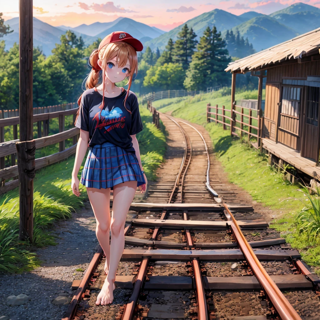Red-blonde、blue hair、blue eyes、Braid、ponytail、one good looking girl、solo、anime、Plaid miniskirt、black t-shirt、camisole、forest、walking、Wearing a plaid baseball cap、barefoot、Tilting your face、log bridge、Doing the ribbon、sunset sky、Wearing headphones、Stone bridge、train track