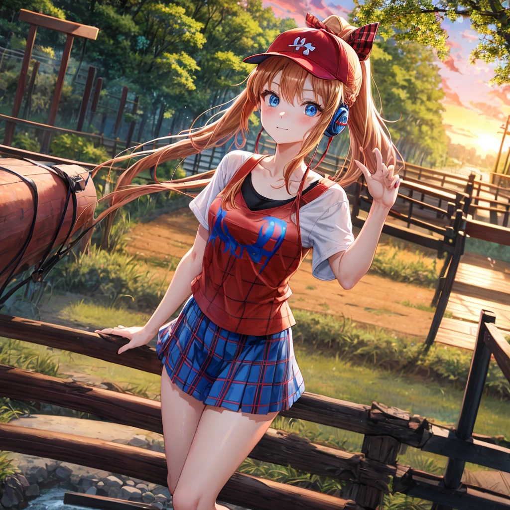 Red-blonde、blue hair、blue eyes、Braid、ponytail、one good looking girl、solo、anime、Plaid miniskirt、black t-shirt、camisole、forest、walking、Wearing a plaid baseball cap、barefoot、Tilting your face、log bridge、Doing the ribbon、sunset sky、Wearing headphones、Stone bridge、train track