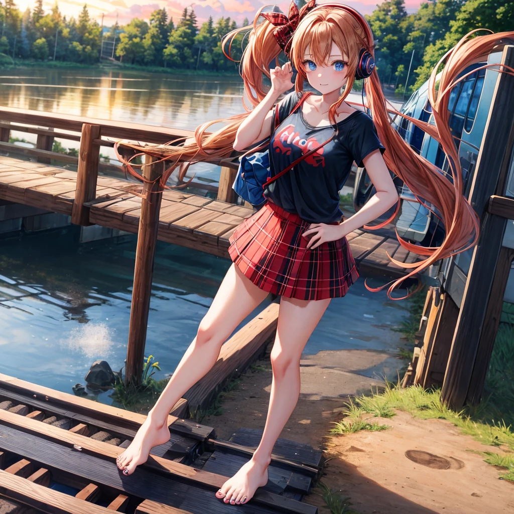 Red-blonde、blue hair、blue eyes、Braid、ponytail、one good looking girl、solo、anime、Plaid miniskirt、black t-shirt、camisole、forest、walking、Wearing a plaid baseball cap、barefoot、Tilting your face、log bridge、Doing the ribbon、sunset sky、Wearing headphones、Stone bridge、train track