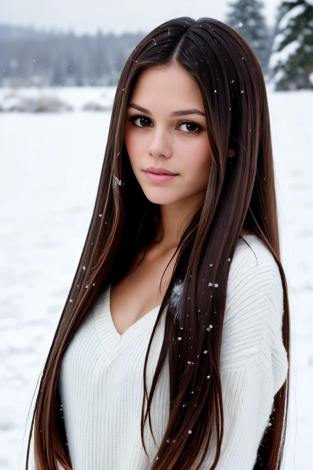 masterpiece, best quality, ultra high res, (photorealistic:1.4), RachelBilson, (long straight hair:1.2), (looking into camera:1.2), (gently brush hair from face:1.2), shiny skin, winter outfit, snow