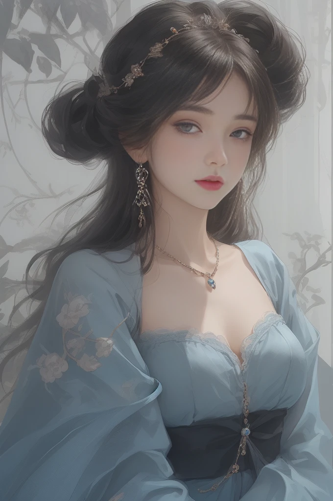 A beautiful woman in a blue dress and long hair, Her intense gaze and pale skin contrast with the cold ice landscape that surrounds her.. The detail in her dress and hair is impressive., Every fold and strand of hair is meticulously rendered in this hyper-realistic work of art..
