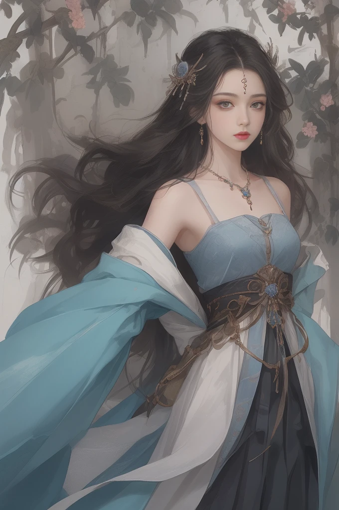 (best quality, masterpiece, high resolution, 1 girl, Hanfu dress, Gorgeous hair accessories, beautiful necklace, exquisite jewelry, pretty face, body details, , long white hair, blue eyed ancient girl, edge lighting, Two-tone lighting, (highly refined skin:1.2), 8K UHD, SLR camera, soft light, high quality, Volumetric lighting, frank, photo, high resolution, 4K, 8K, blurred background)