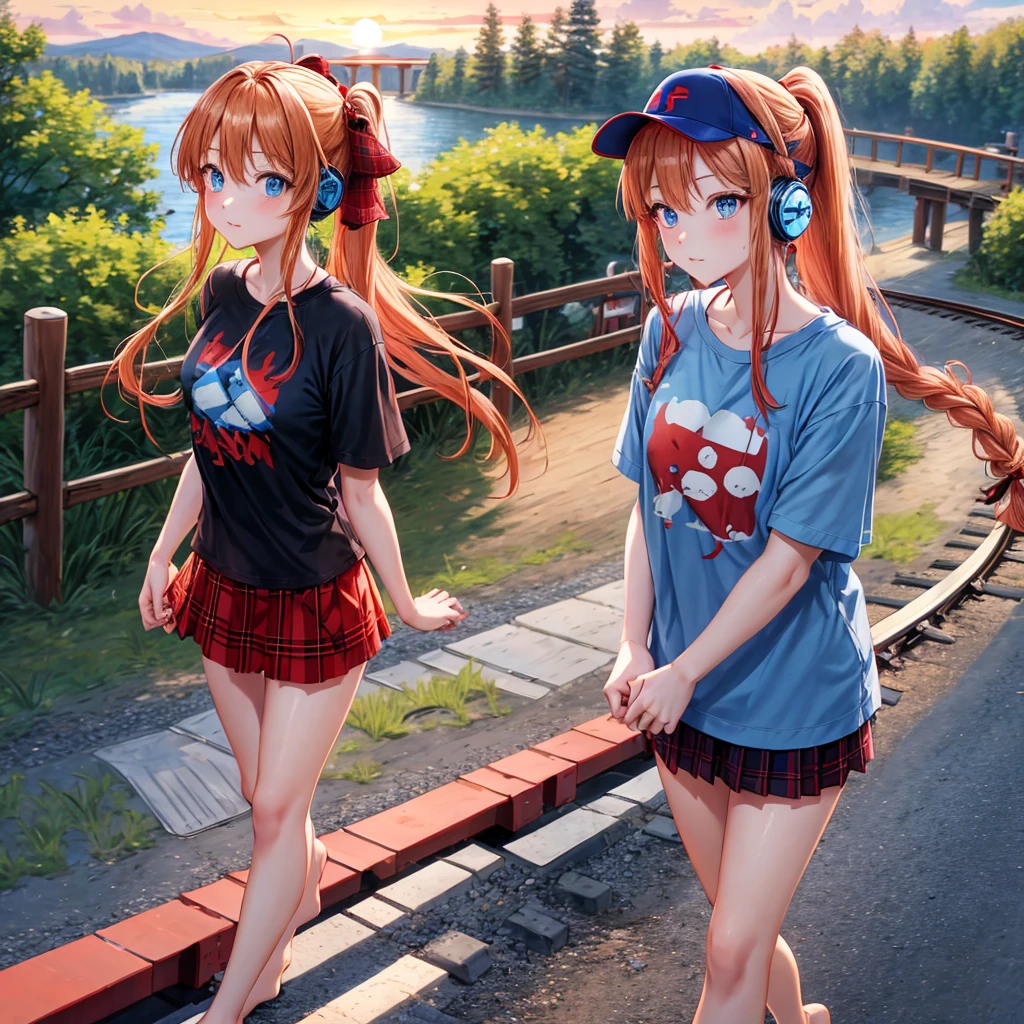 Red-blonde、blue hair、blue eyes、Braid、ponytail、one good looking girl、solo、anime、Plaid miniskirt、black t-shirt、camisole、forest、walking、Wearing a plaid baseball cap、barefoot、Tilting your face、log bridge、Doing the ribbon、sunset sky、Wearing headphones、Stone bridge、train track