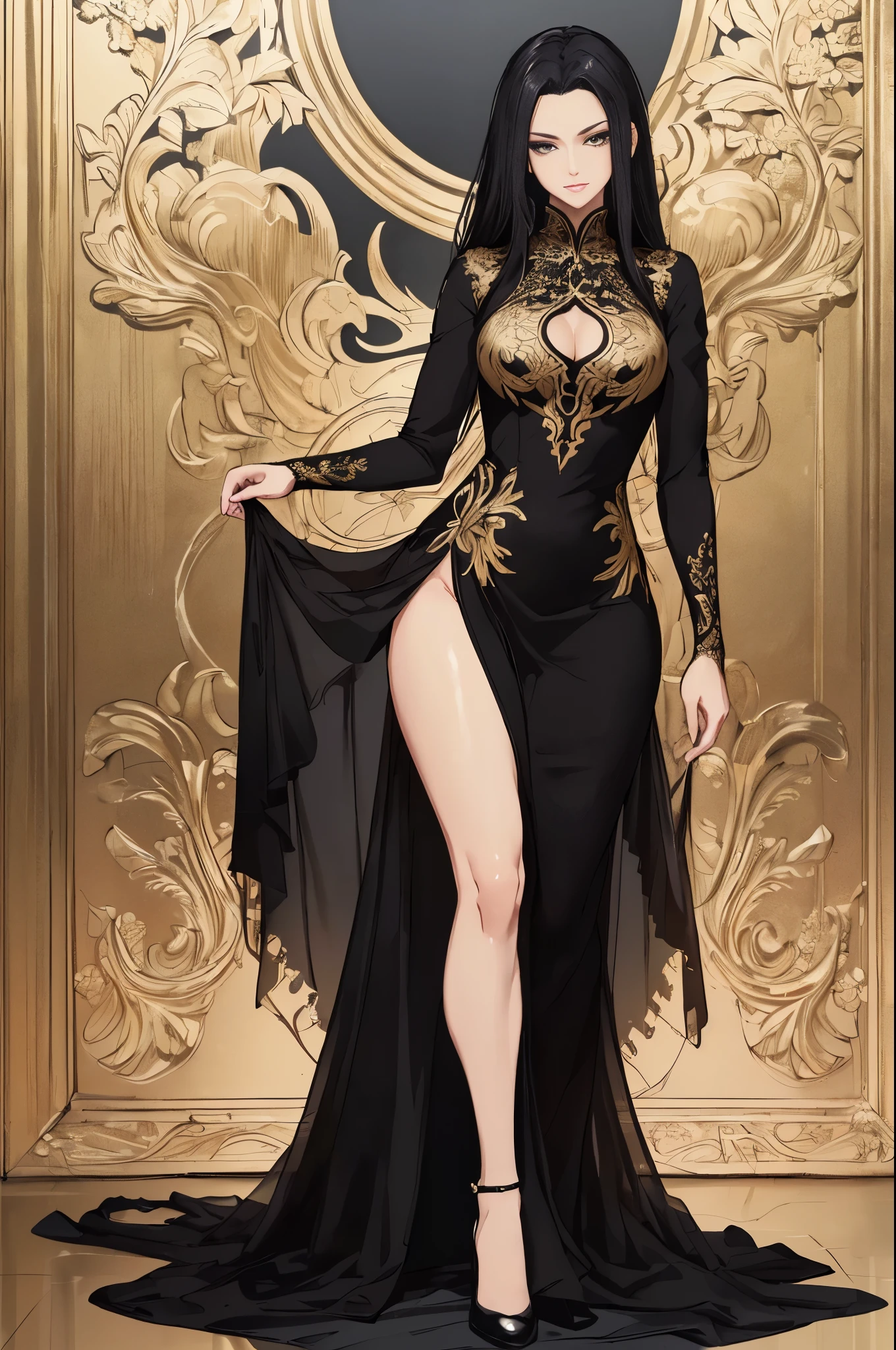 ((masterpiece)),(top quality),(best quality),(((ultra-detailed , 8k quality))), (large masterpiece digital art), (detailed manga ilustration) ,(detailed line art) ,((perfect anatomy)), extremely detailed body, extremely detailed legs, perfect legs, BREAK, Lady wearing a ((long elegant black dress with extreme golden embroidery)) that reveal one leg.