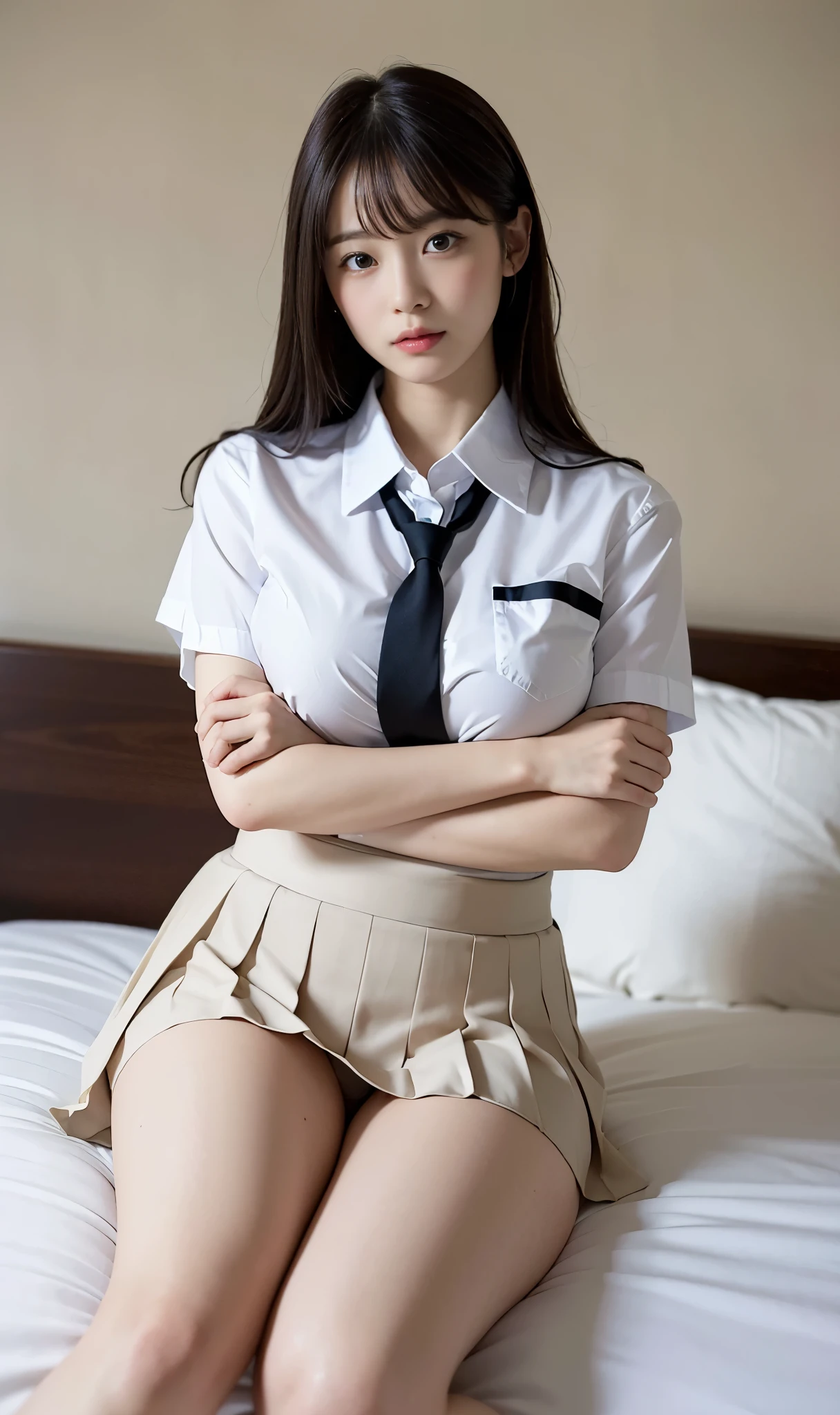 (masterpiece, best quality:1.2), 1 woman, thighs, on bed, School uniform, Realistic, Raw photo, White shirt, Pleated skirt, Looking at Viewer, huge breasts, (lie on bed), tie, crossed arms, bangs, full body,