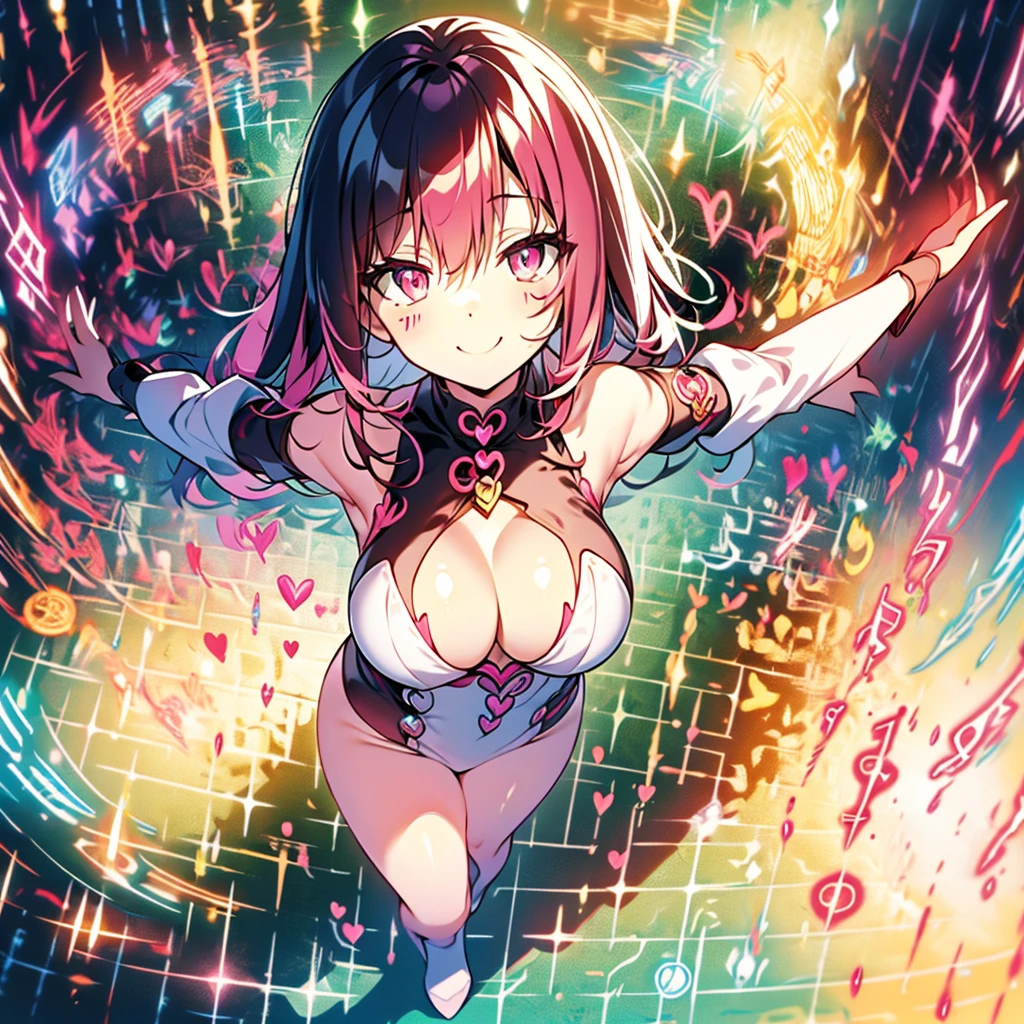 Succubus pose of temptation erotic body cute face fascinating face pose with arms outstretched heart mark slight smile pink hair eyes are hearts 4-arm charm magic Angle from above