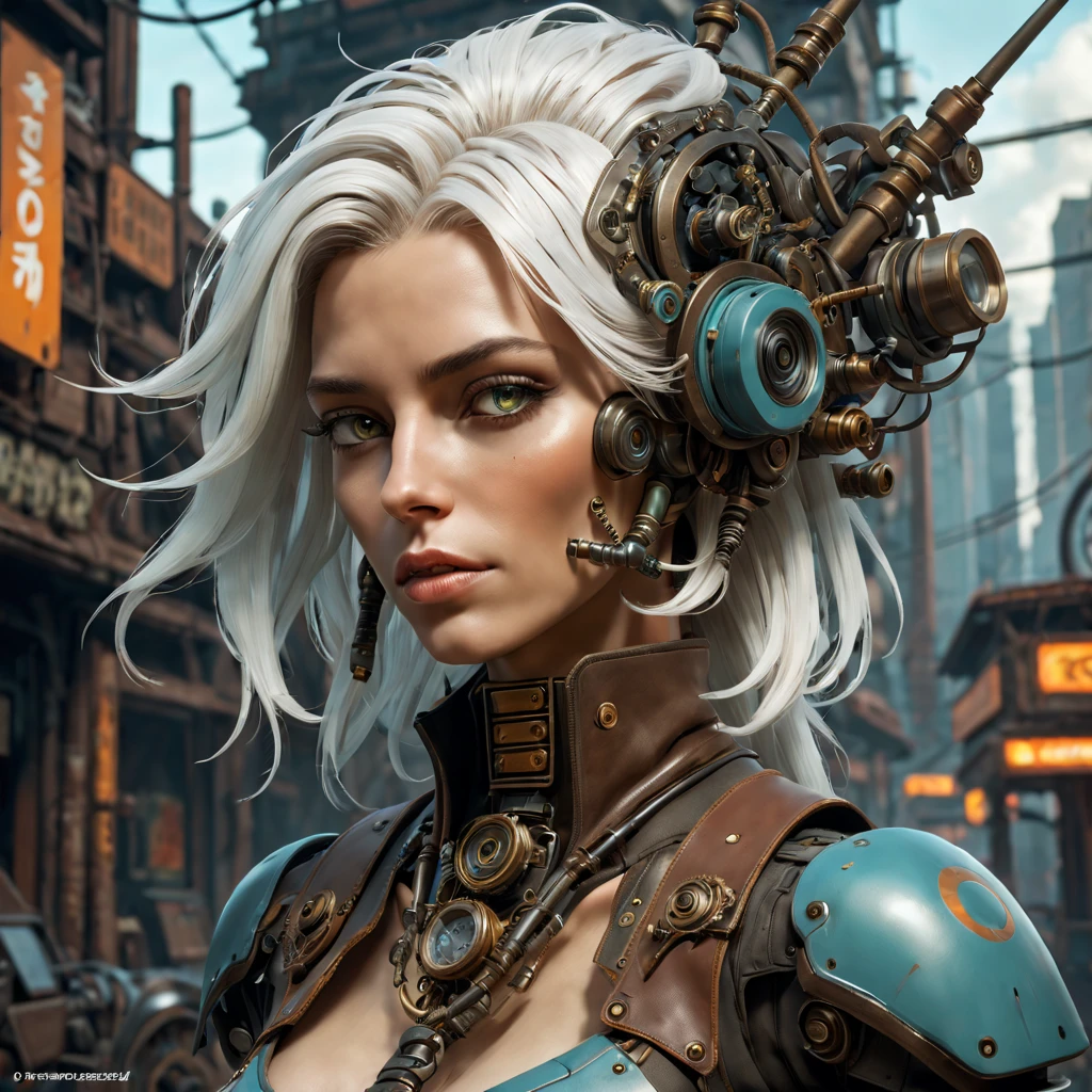 steampunk female robot face, face full tank top, full lance boots, white hair, extremely detailed, intricate, intricate, character concept art, by Peter Mohrbacher and Alphonse Mucha, overwatch, weapon, detailed, style, 8k, trending on artstation, unreal engine 4k, steampunk female horse, wendigo, portrait, steampunk armor --w 400 --h 600e, ultra high detail, hyper realistic, realistic concept art. sense of awe and scale, in the art style of Filip Hodas, a grimdark dystopian cyberpunk post-apocalyptic style