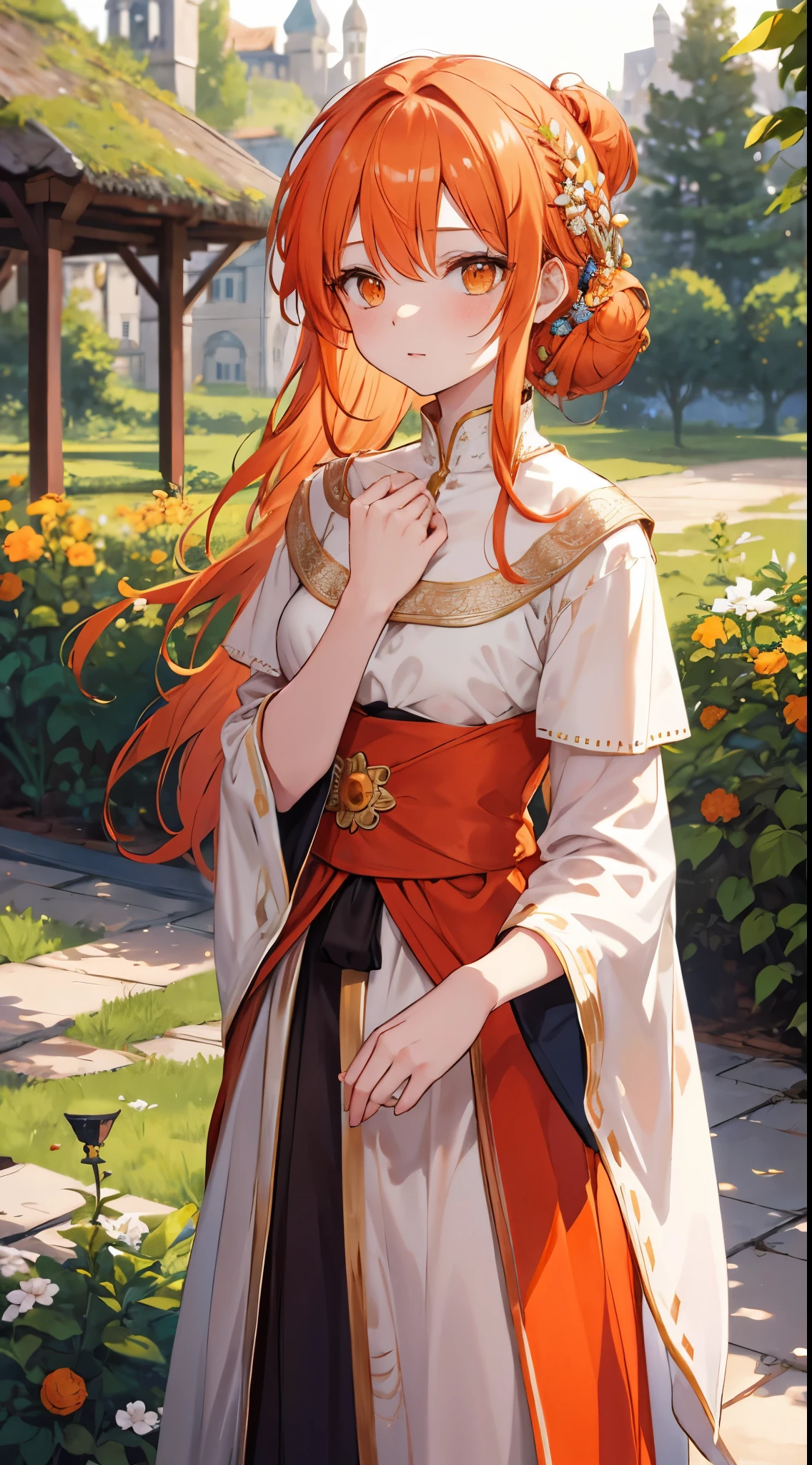 [[[ultra-detailed, best quality, soft skin, beautiful, 4K]]]portrait, ginger hair, orange eyes silky hair, hair-up, fit body, royalty, gentle, worried, gardens background, medieval princess outfit, jasmine on hair, golden hairpin, standing up