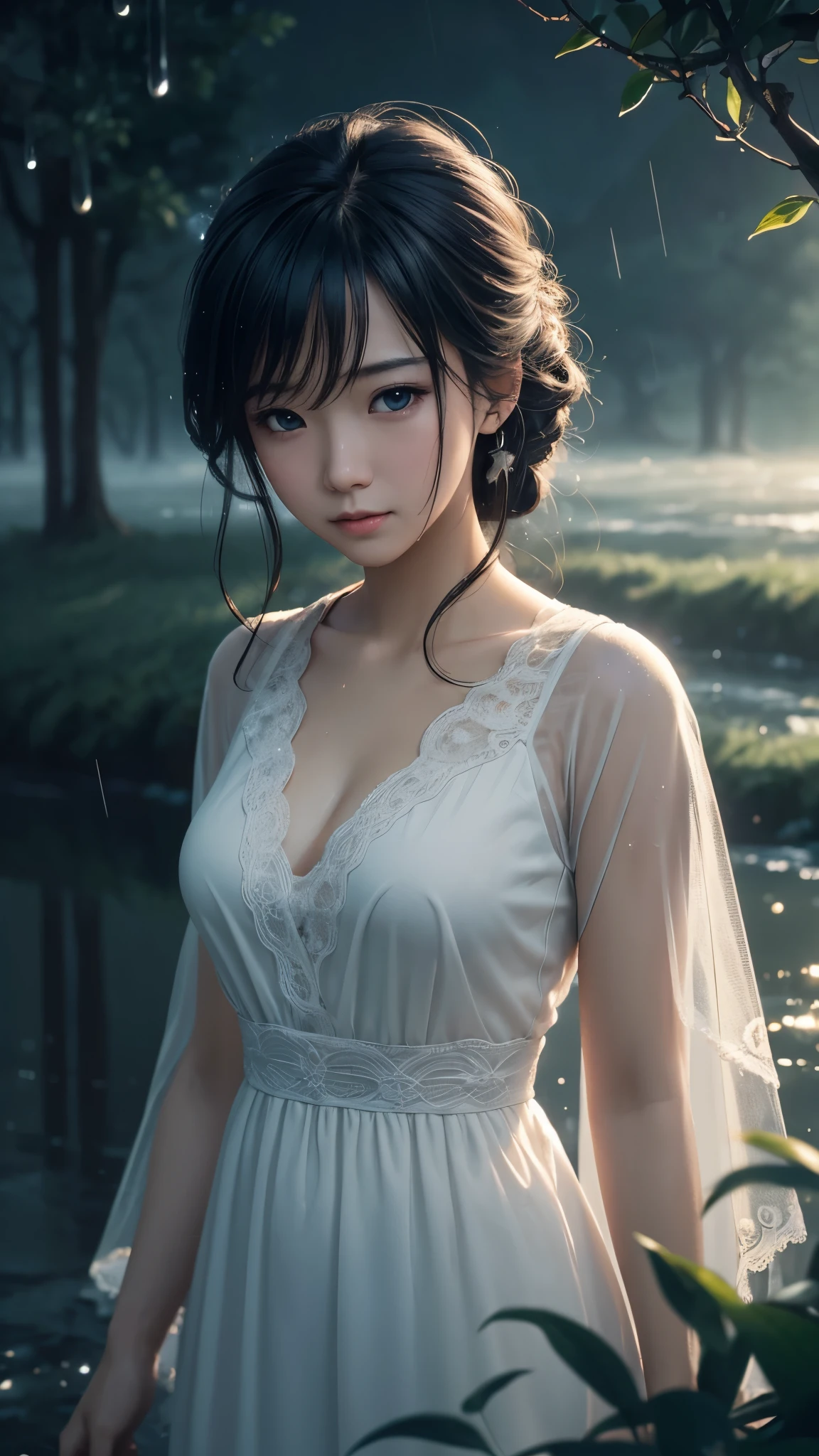 One girl, high school girl、(((リボン付きSailor suit))), Summer clothes、Wet and transparent、((Navy pleated ocks、loafers、ponytail、school bag)、My belly is visible through my clothes、cute, wonderful, Beautiful attention to detail, Iris, Black Hair, In detail, Depth of written boundary, Highly detailed CG, original, Highly detailed wallpaper, View your viewers, Detailed face, Cleavage, (Big Tits, Hard nipples)、Toned Abs, White skin, Realistic、(Cinema Lighting)、Detail emphasis, Beautiful lighting、(((Sailor suit))), Summer clothes、Wet and transparent, ((In the park after the rain))、Summer sunset、Realistic park、masterpiece, 最high quality, high quality, High resolution、 ((smile)), smileで、(((Face close-up))), Face close-up,