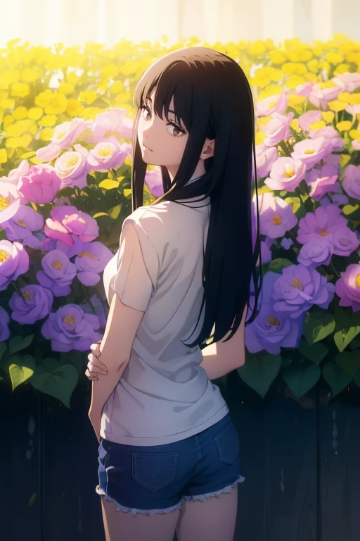 ((((Obra maestra, La mejor calidad, ultrahigh resolution)))), 1girl, standing, (baggy white t-shirt, loose fitting blue shorts, back hair, dark black hair over eye)), long hair cut, pale skin, ((brown eyes)), glowing_eyes, neon eyes, (ultra detailed eyes:0.7, beautiful and detailed face, detailed eyes:0.9), ((centered)), smile, ((wide shot)), facing viewer, (((vibrant background of outside, flowers, bright lighting, summer, sunlight))), flat chested, looking at viewer, ((half closed eyes)), ((perfect hands)), ((head:1, hips, elbows, arms, in view)), ((hands behind back)), empty eyes, beautiful lighting, defined subject, 25 years old, ((cool looking)), ((from above, wide shot))
