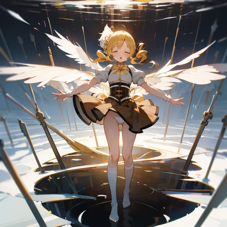 mami tomoe, big breast, torn clothes, fluttering skirt, white underwear, closed eyes, :o, pain, moaning, tottering, tentacle