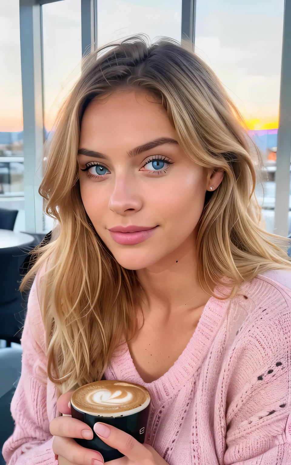 beautiful blonde with blue eyes wearing pink sweater (no cleavage) (sipping coffee inside a modern café at sunset), very detailed, 21 years old, innocent face, natural wavy hair, blue eyes, high resolution, masterpiece, best quality, intricate details, highly detailed, sharp focus, detailed skin, realistic skin texture, texture, detailed eyes, professional, 4k, charming big smile, shot on Canon, 85mm, shallow depth of field,  kodak vision color, perfect fit body, extremely detailed, foto_\(ultra\), photorealistic, realistic, post-processing, maximum detail, roughness, real life, ultra realistic, photorealism, photography, 8k uhd, photography