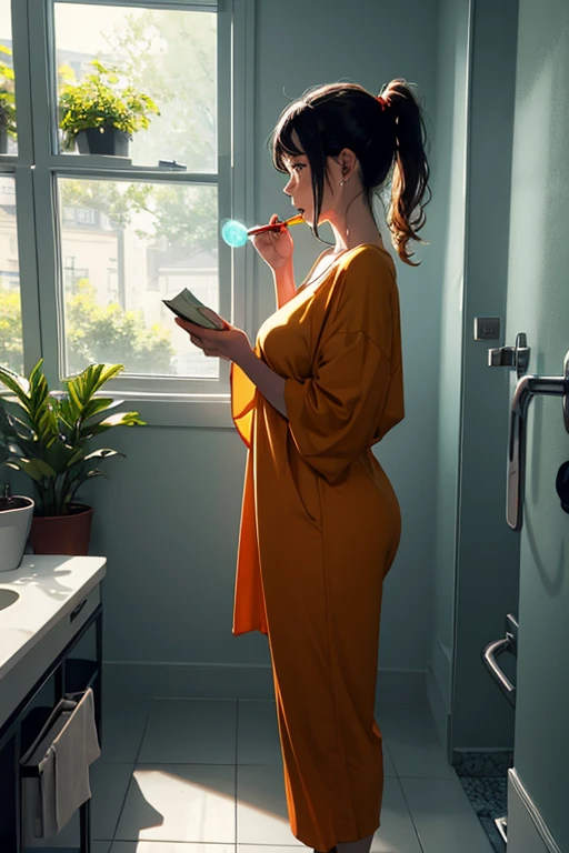 solo nude female in bath brushing teeth, female beautiful perfect body, bright, futuristic, fullbody, sexual yellow-green red cloth, white sunlight rays interior, with plants books beautiful futuristic, face profile sweet cute perfect, soviet poster epic positive style, super detailed, masterpiece, hq, 4k, high detalisation, sexual positive fun, semitransparent, side view walk, ponytail