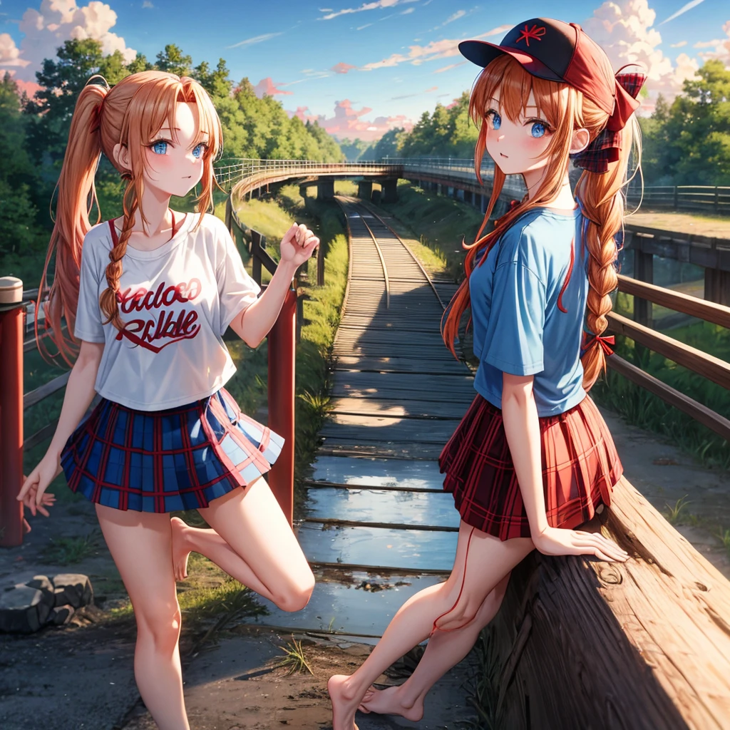 Red-blonde、blue hair、blue eyes、Braid、ponytail、one good looking girl、solo、anime、Plaid miniskirt、black t-shirt、camisole、forest、walking、Wearing a plaid baseball cap、barefoot、Tilting your face、log bridge、Doing the ribbon、sunset sky、Wearing headphones、Stone bridge、train track