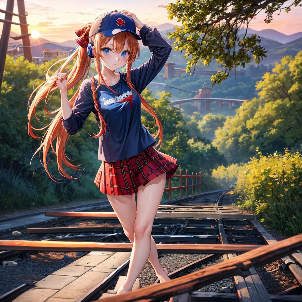 Red-blonde、blue hair、blue eyes、Braid、ponytail、one good looking girl、solo、anime、Plaid miniskirt、black t-shirt、camisole、forest、walking、Wearing a plaid baseball cap、barefoot、Tilting your face、log bridge、Doing the ribbon、sunset sky、Wearing headphones、Stone bridge、train track
