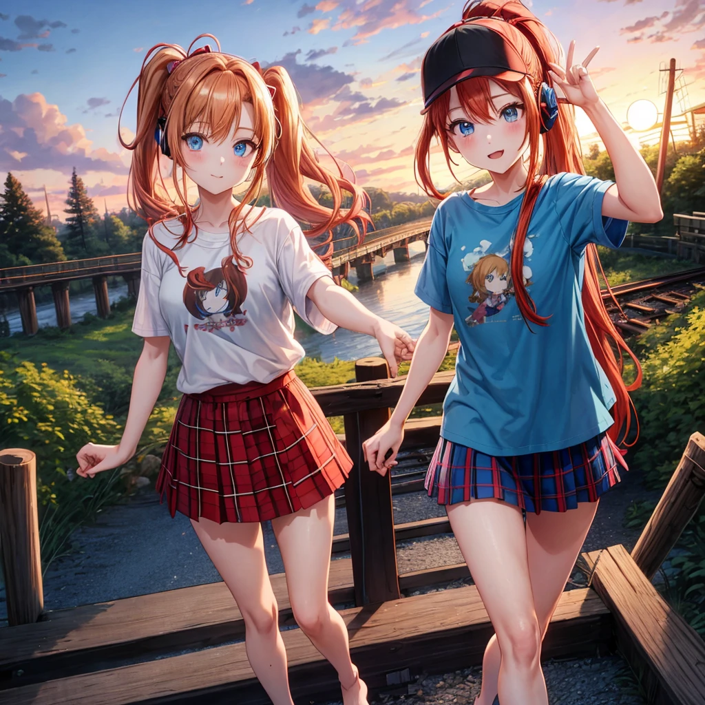 Red-blonde、blue hair、blue eyes、Braid、ponytail、one good looking girl、solo、anime、Plaid miniskirt、black t-shirt、camisole、forest、walking、Wearing a plaid baseball cap、barefoot、Tilting your face、log bridge、Doing the ribbon、sunset sky、Wearing headphones、Stone bridge、train track