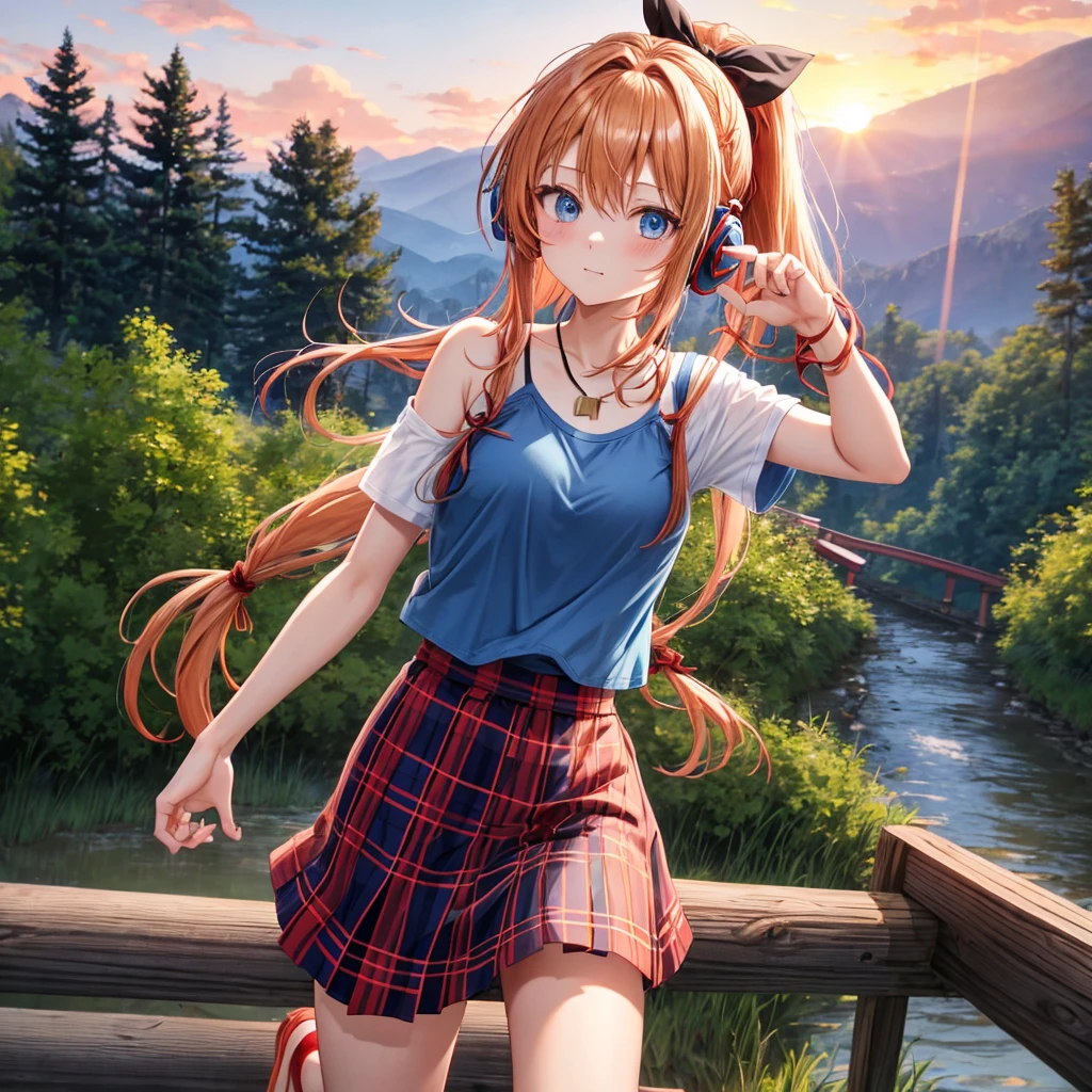 Red-blonde、blue hair、blue eyes、Braid、ponytail、one good looking girl、solo、anime、Plaid miniskirt、black t-shirt、camisole、forest、walking、Wearing a plaid baseball cap、barefoot、Tilting your face、log bridge、Doing the ribbon、sunset sky、Wearing headphones、Stone bridge、train track