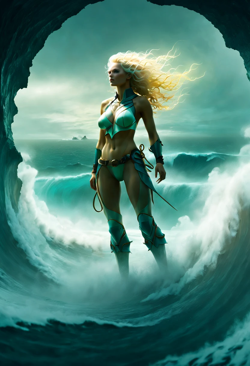 (((Landscape ocean, high view))), ((a blond woman warrior is standing on death hole ocrean, wind, wet:2, surreal white Seaweed hybrids body skin)), ethereal auras, creature-inspired, fantasy, bloomers, sunshine, promptshare.art, Waves hit the cliff, Spiral_waves:2, (Glowing, aura, energy, firefly, flying debris, multi colors), film still, (((Wide_shot:2))), realistic, ((cover hands, cool vibes, hyper details, back view, realistic skin, tsunami, UE5)),Renaissance Sci-Fi Fantasy,