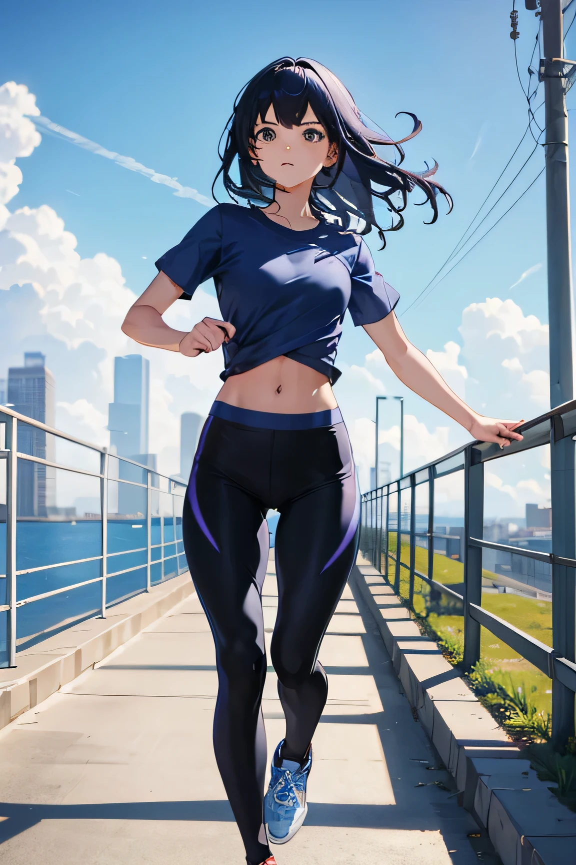 Woman running on bridge wearing blue shirt and black leggings, running posture, girl is running, free running,running posture,girl is running, girl running, sportswear, 5k, fitness body,