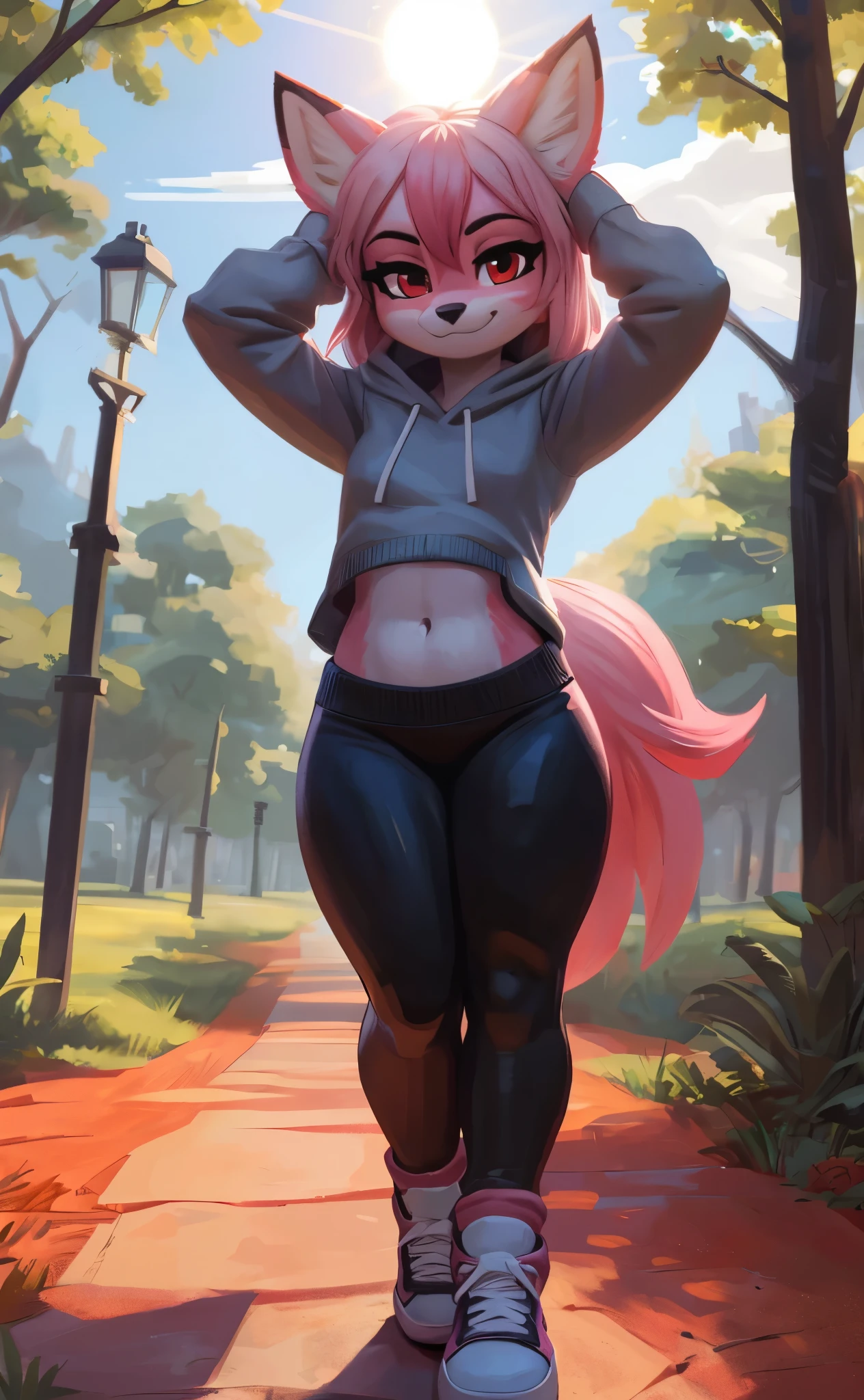 [nazuna hiwatashi], [Uploaded to e621.net; (Pixelsketcher), (wamudraws)], ((masterpiece)), ((HD)), ((highres)), ((solo portrait)), ((full body)), ((front view)), ((feet visible)), ((furry; anthro)), ((detailed fur)), ((detailed shading)), ((beautiful render art)), ((intricate details)), {anthro fox girl; pinn fur, black nose, (cute red eyes), (long eyelashes), (luffy pink tail), (long pink hair), (two toned hair), (hot-pink tips on hair), (curvy hips), (beautiful legs), (blushing), (smug smirk)}, {(grey sweatshirt), (navel), (black yoga pants), (pink leg warmers), (white sneakers)}, {(standing), (hands on head), (stretching), (looking at viewer)}, [background; (park), (trees), (beaten path), (clouds in sky), (blue sky), (sun rays), (ambient lighting)]