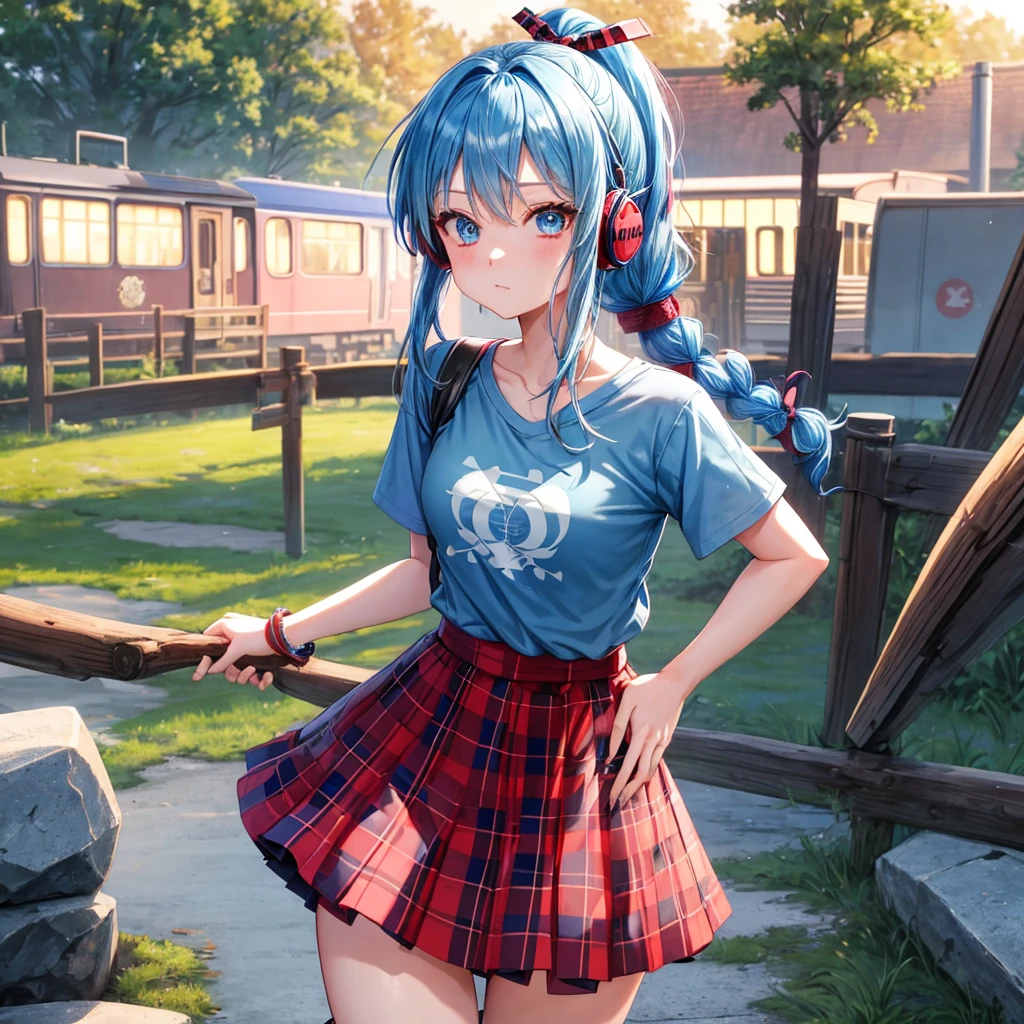 blue hair、Red-blonde、blue eyes、Braid、ponytail、one good looking girl、solo、anime、Plaid miniskirt、black t-shirt、camisole、forest、walking、Wearing a plaid baseball cap、Tilting your face、log bridge、Doing the ribbon、sunset sky、Wearing headphones、Stone bridge、train track