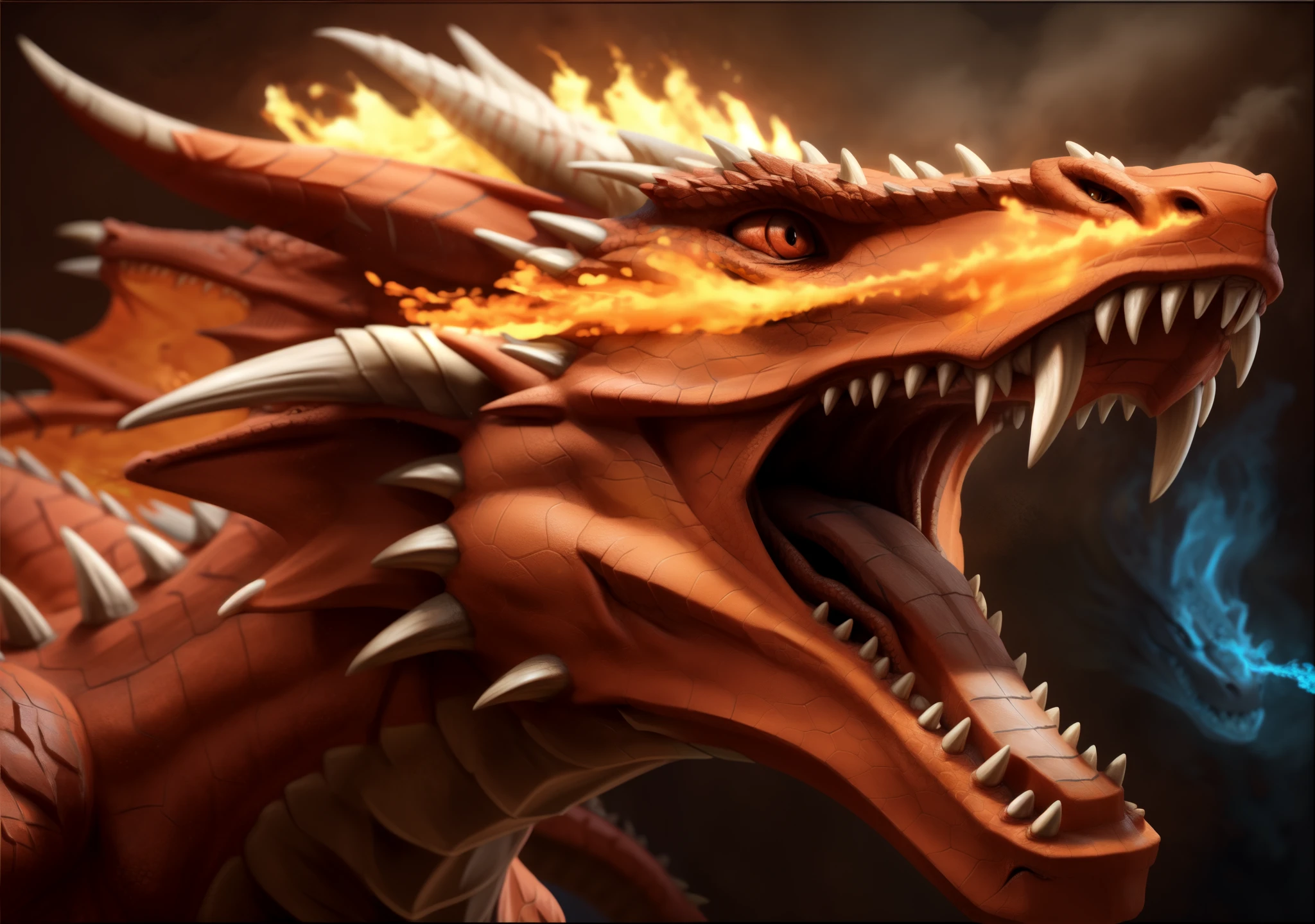 a close up of a dragon with its mouth open and its teeth wide open, ''dragon breathing fire, dragon face, dragon breathing fire, smaug, epic dragon, dragon portrait, dragon mouth, fire breathing dragon, fire dragon, hyperrealistic d & d fantasy art, firebreathing dragon, european dragon, dragon with scars, dragon head, portrait of a dragon