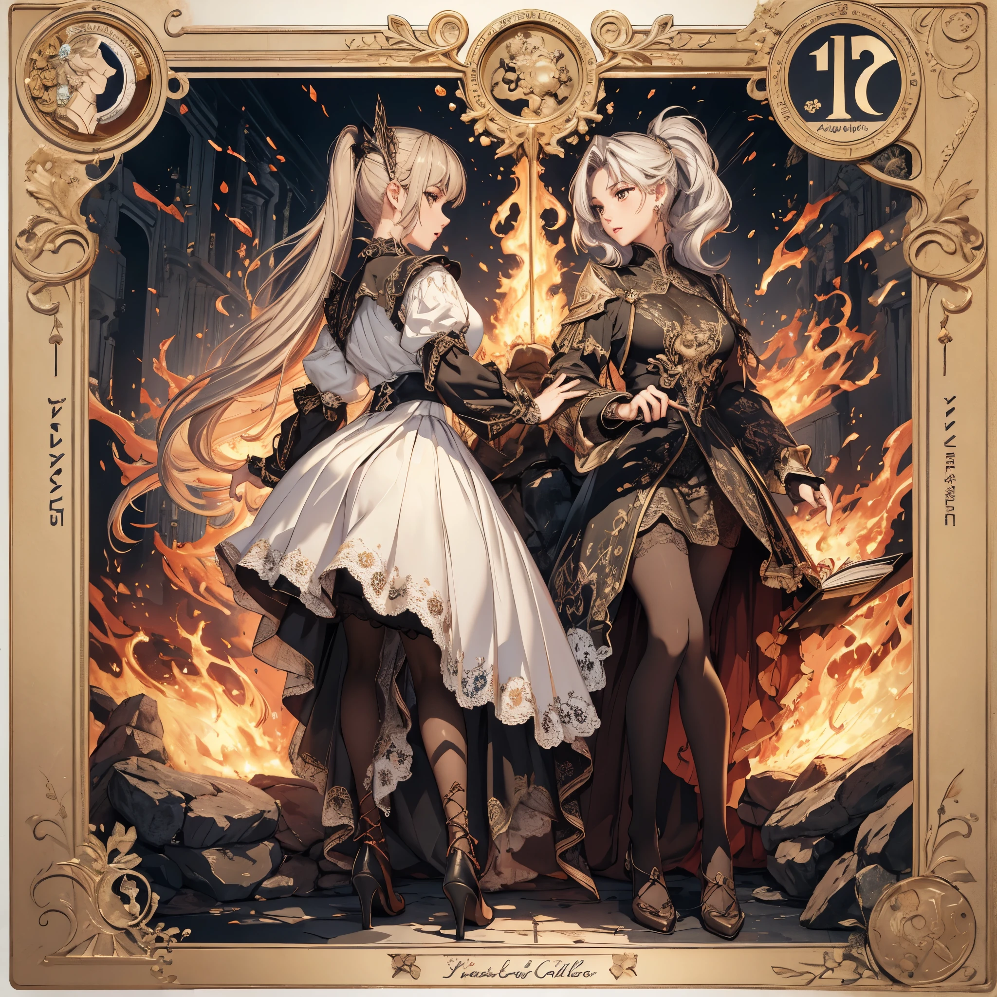 ((masterpiece, best quality)), Detailed face, character design sheet, Full body female, full of details, Various poses and expressions, Very detailed, depth, many parts,nurse woman,white and black,double ponytail,fantasy style,surrounded by flames,It's beautiful,Natural light, lace,lace up pantyhose