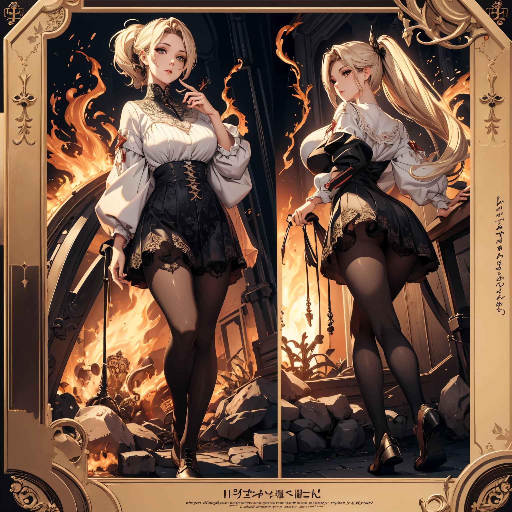 ((masterpiece, best quality)), Detailed face, character design sheet， Full body female, full of details, Various poses and expressions, Very detailed, depth, many parts，nurse woman，white and black，double ponytail，fantasy style，surrounded by flames，It's beautiful，Natural light, lace，lace up pantyhose