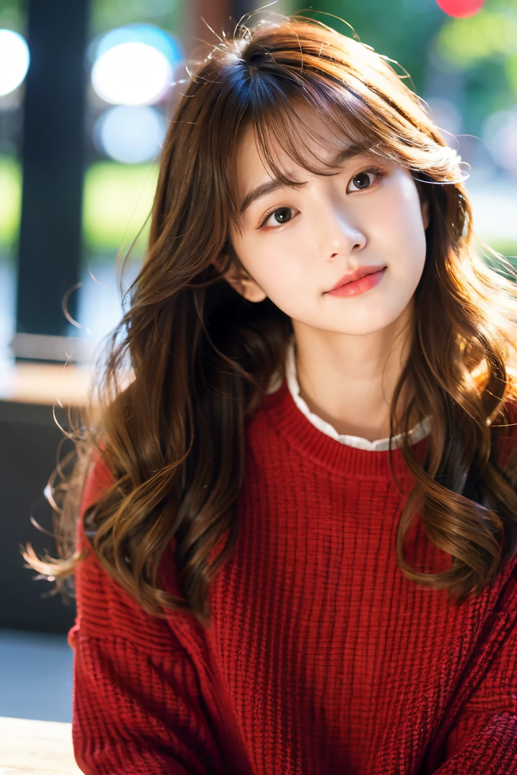 Loose wavy hair like a Korean idol、long hair、simple background、casual long sleeve clothes、Highest image quality