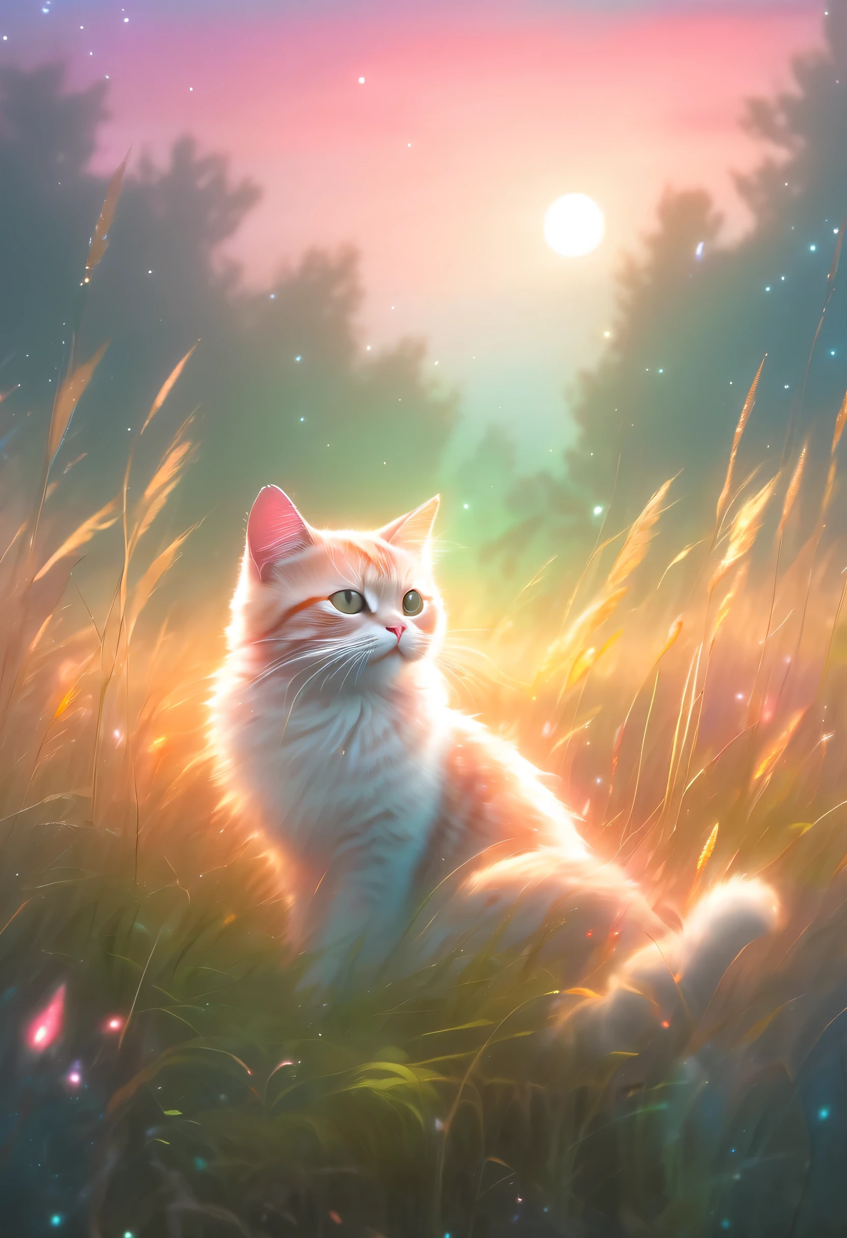 Colorful、brightly lit sky,A cat sitting in a field surrounded by tall grass, pastel painting style, Ethereal light effects, Light atmospheric woodland image,Star Art Troupe (xing xing)