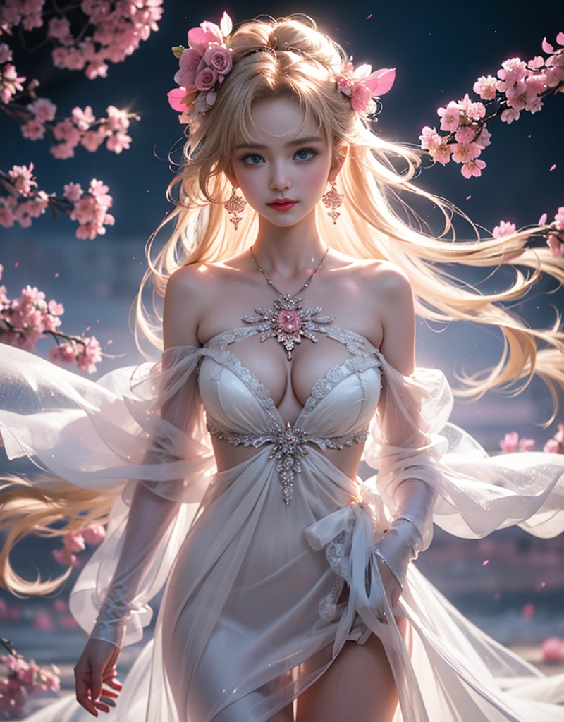 masterpiece，Highest image quality，Super detailest quality ,extremely delicate and beautiful, Very detailed,best quality, official art, Extremely detailed CG unified 8k wallpaper, portrait photo, The most beautiful look，Blonde hair, blue eyes，Radiant skin and radiant eyes, beautiful skin,(detailed lighting:1.2), (Beautiful and detailed light:1.3), deep understanding, beautiful nude color, complex, digital painting, Smooth, sharp focus, end of the world, epic reality,looking at camera， (high dynamic range:1.4),face camera， (pastel colors:1.4), beautiful big breasts，end of the world的, give up, neutral color, night, screen space refraction, (intricate details, Super detailed:1.3), art station, movie shot, vignette, complex background, buliding，charming smile，Blushed，Shy，detailed background，（Various colors of dream catcher earrings missing color，Color is black，White，pink，Purple，red，blue，orange color，green，blue，，），sexy and sultry，（exposed，camel toe，comb neatly，），The sexiest look，Crystal Pink Diamond Venetian Sunset Rose Transparent Dress，Ultra thin，translucent，lace，hollowed out，（Off-the-shoulder large open-breasted crystal pink diamond transparent hollow open wedding dress:1.6), pink背景，