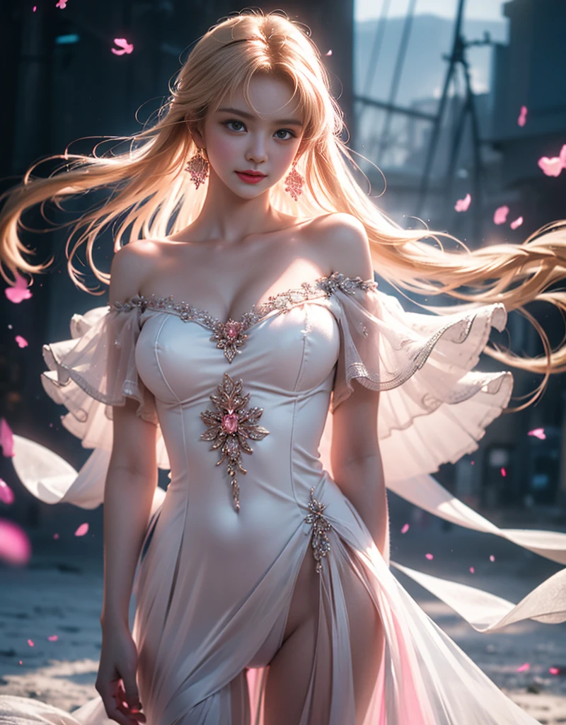 masterpiece,Highest image quality,Super detailest quality ,extremely delicate and beautiful, Very detailed,best quality, official art, Extremely detailed CG unified 8k wallpaper, portrait photo, The most beautiful look,Blonde hair, blue eyes,Radiant skin and radiant eyes, beautiful skin,(detailed lighting:1.2), (Beautiful and detailed light:1.3), deep understanding, beautiful nude color, complex, digital painting, Smooth, sharp focus, end of the world, epic reality,looking at camera, (high dynamic range:1.4),face camera, (pastel colors:1.4), beautiful big breasts,end of the world的, give up, neutral color, night, screen space refraction, (intricate details, Super detailed:1.3), art station, movie shot, vignette, complex background, buliding,charming smile,Blushed,Shy,detailed background,(Various colors of dream catcher earrings missing color,Color is black,White,pink,Purple,red,blue,orange color,green,blue,,),sexy and sultry,(exposed,camel toe,comb neatly,),The sexiest look,Crystal Pink Diamond Venetian Sunset Rose Transparent Dress,Ultra thin,translucent,lace,hollowed out,(Off-the-shoulder large open-breasted crystal pink diamond transparent hollow open wedding dress:1.6), pink背景,