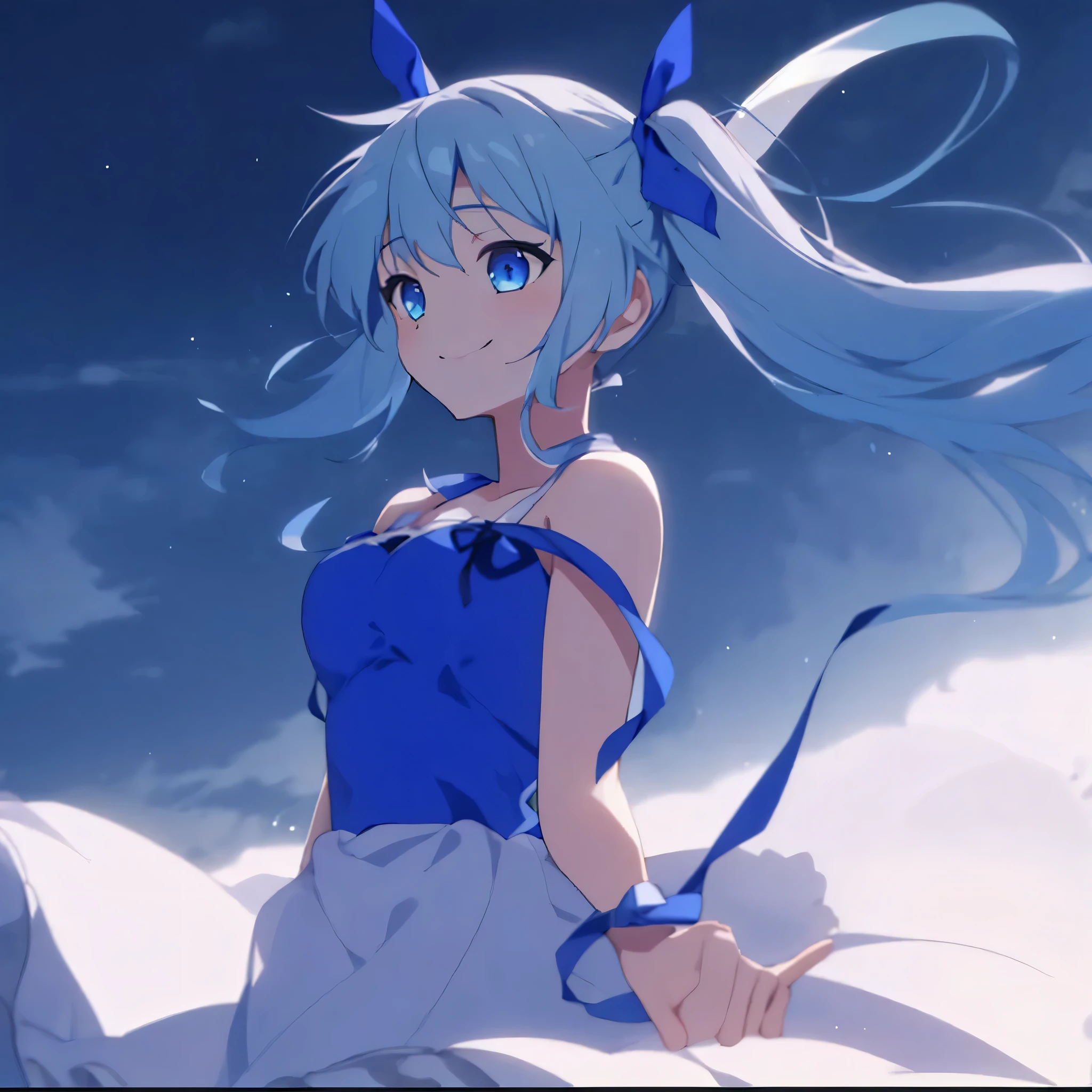 best quality, masterpieces, hdr, 4k, 1girl solo, blue hair, twintail, opened eyes, cloudy sky, from front, blue dress, off-the-shoulders, blue ribbon, upper body,long ribbon, flowing, waving, curling, swirling,blue ribbon on wrist, long ribbon, some ribbon flyinasterpiece:1.4, best quality), smiling,