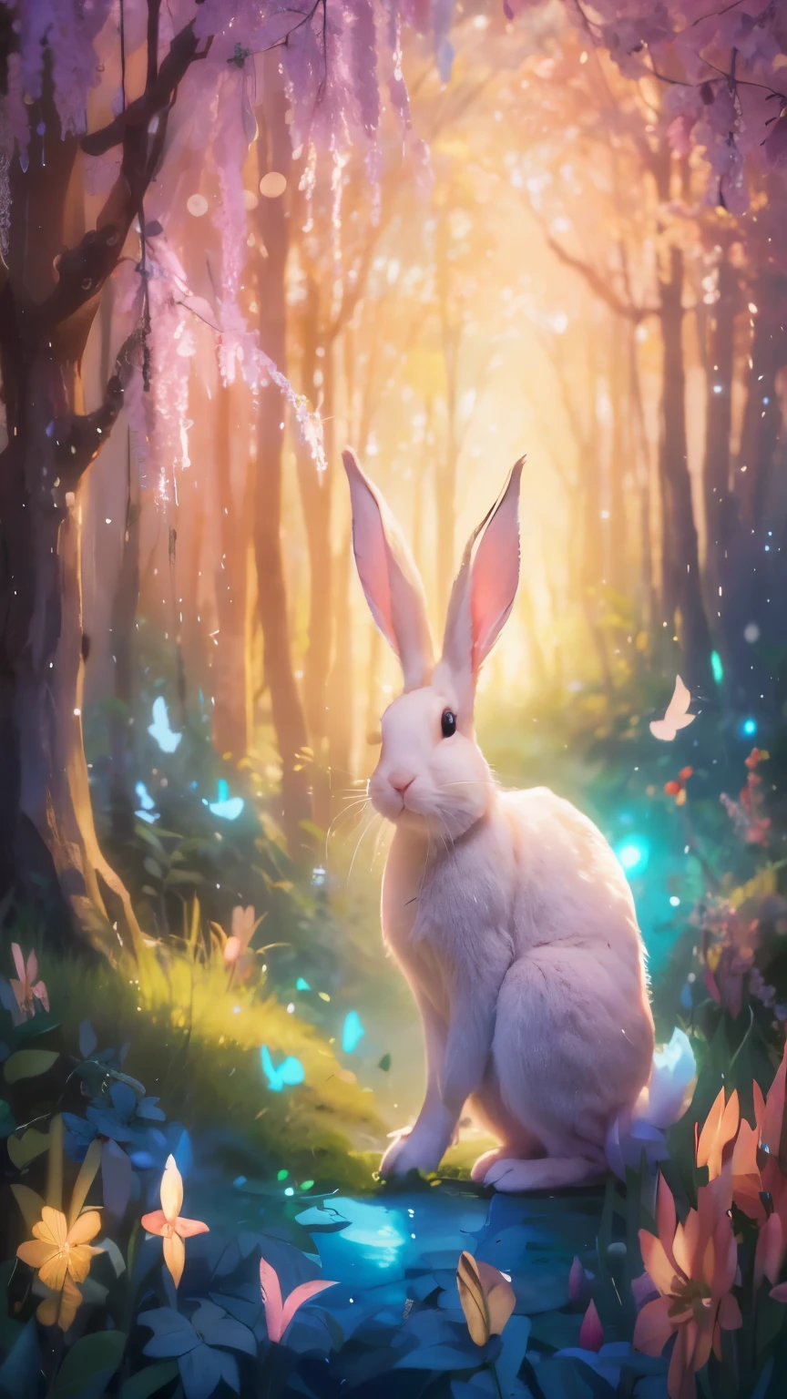 A rabbit, Walk in the forest, Many birds, Lots of animals, happy, happy, perfect quality, clear focus (messy house: 0.8), (masterpiece: 1.2) (actual: 1.2) (Bokeh) (best quality) ( Delicate skin: 1.3) (intricate details) (8K) (Detailed eyes) (clear focus), (happy)