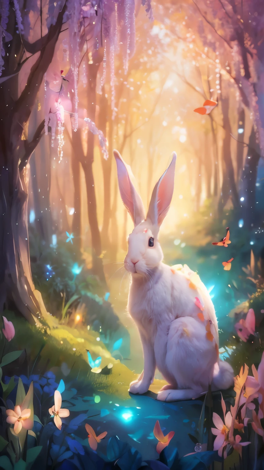 A rabbit, Walk in the forest, Many birds, Lots of animals, happy, happy, perfect quality, clear focus (messy house: 0.8), (masterpiece: 1.2) (actual: 1.2) (Bokeh) (best quality) ( Delicate skin: 1.3) (intricate details) (8K) (Detailed eyes) (clear focus), (happy)