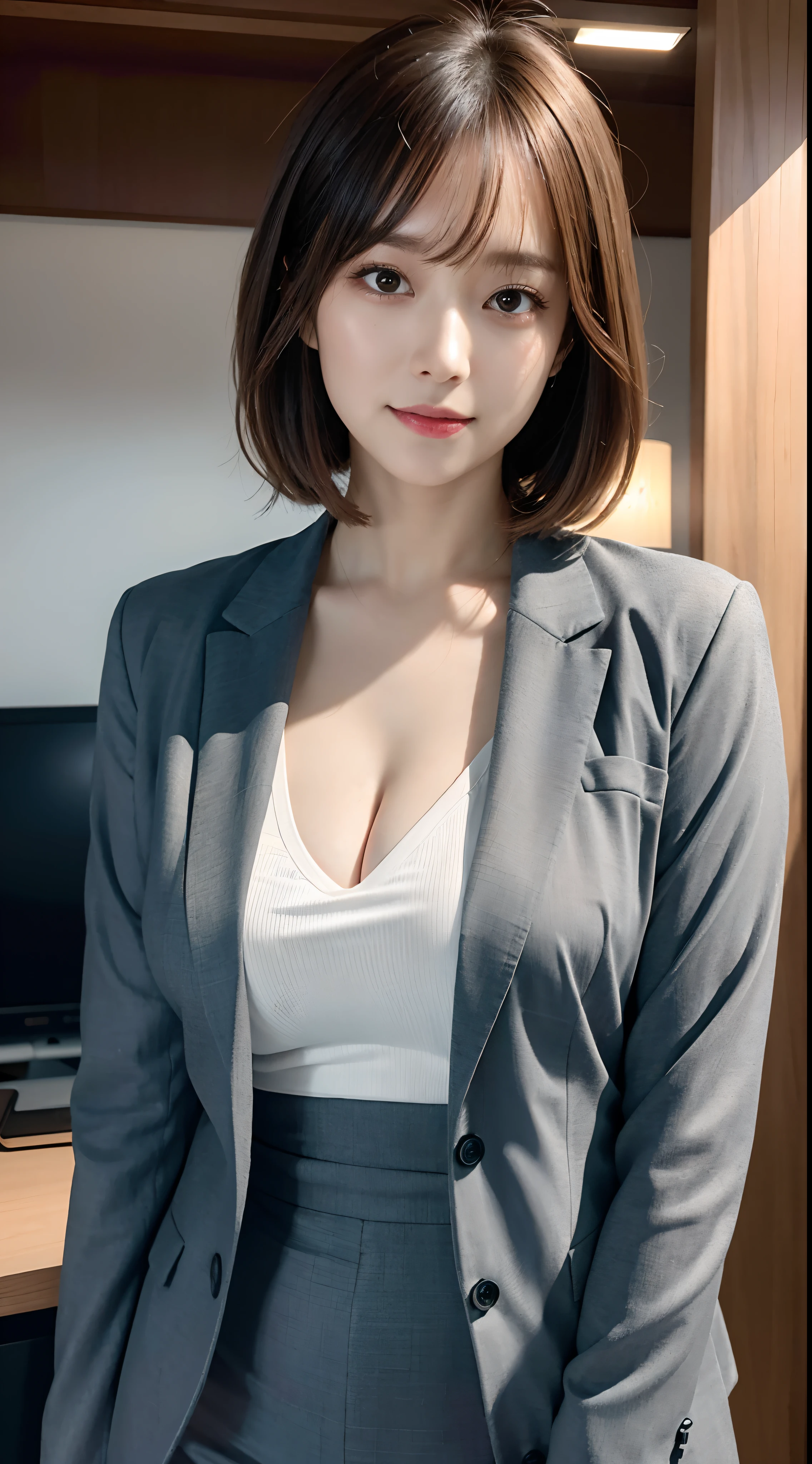 (8K, Raw photo, Best Quality, masutepiece:1.2), (Realistic, Photorealsitic:1.37),1girl in, Professional Lighting, Photon mapping, Radio City, Raw photo、(Photorealsitic:1.4)、Octane number renderin、Complex 3D rendering ultra detail, Studio Soft Light, Rim Lights, vibrant detail, super detailing, realistic skin textures, Detail Face, Beautiful detail eyes, Very detailed CG Unity 16k wallpaper, make - up, (detailedbackground:1.2),Colossal tits、Best Quality, 超A high resolution, masutepiece, 1girl in,Brown-haired hair,(Shorthair), 20yr old,((office lady suit)), cute face、((s Office))、乃木坂アイドル、Chinese Idol、Japan idle