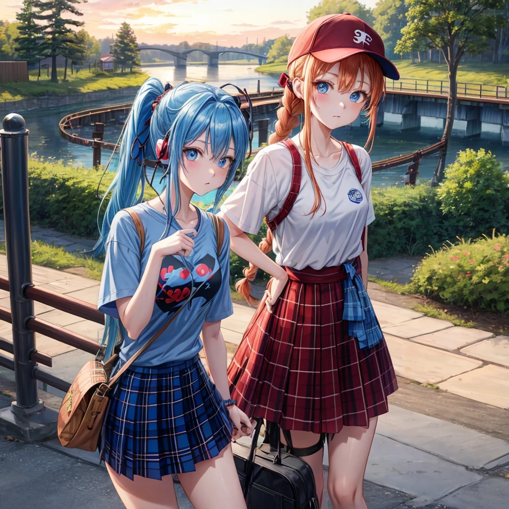 blue hair、Red-blonde、blue eyes、Braid、ponytail、one good looking girl、solo、anime、Plaid miniskirt、black t-shirt、camisole、forest、walking、Wearing a plaid baseball cap、Tilting your face、log bridge、Doing the ribbon、sunset sky、Wearing headphones、Stone bridge、train track