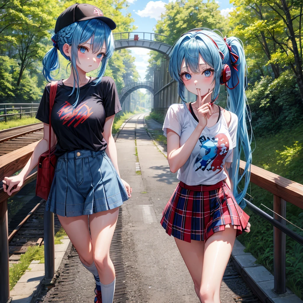 blue hair、Red-blonde、blue eyes、Braid、ponytail、one good looking girl、solo、anime、Plaid miniskirt、black t-shirt、camisole、forest、walking、Wearing a plaid baseball cap、Tilting your face、log bridge、Doing the ribbon、sunset sky、Wearing headphones、Stone bridge、train track