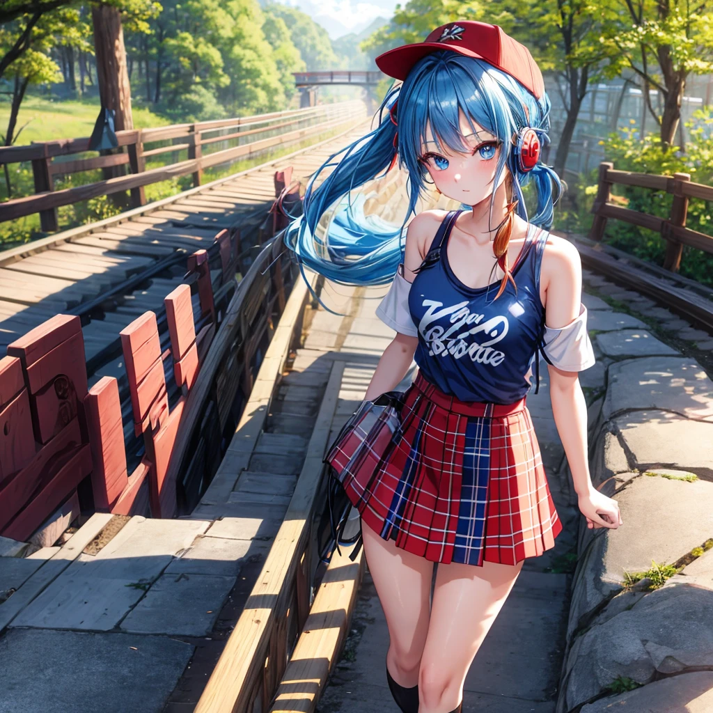 Red-blonde、blue hair、blue eyeraid、ponytail、one good looking girl、solo、anime、Plaid miniskirt、black t-shirt、camisole、forest、walking、Wearing a plaid baseball cap、Tilting your face、Doing the ribbon、sunset sky、stone bridge、stone stairs、petal、A small bird  flying、big tree、tunnel、squirt、Bang、stretching one&#39;s back