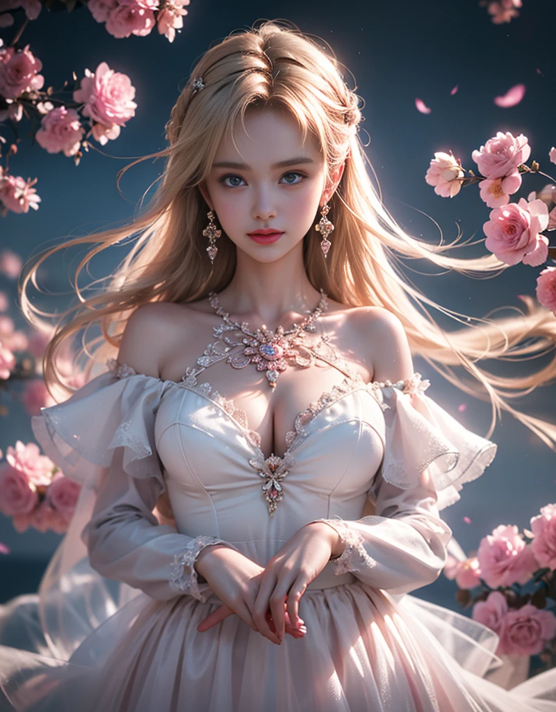 masterpiece,Highest image quality,Super detailest quality ,extremely delicate and beautiful, Very detailed,best quality, official art, Extremely detailed CG unified 8k wallpaper, portrait photo, The most beautiful look,Blonde hair, blue eyes,Radiant skin and radiant eyes, beautiful skin,(detailed lighting:1.2), (Beautiful and detailed light:1.3), deep understanding, beautiful nude color, complex, digital painting, Smooth, sharp focus, end of the world, epic reality,looking at camera, (high dynamic range:1.4),face camera, (pastel colors:1.4), beautiful big breasts,end of the world的, give up, neutral color, night, screen space refraction, (intricate details, Super detailed:1.3), art station, movie shot, vignette, complex background, buliding,charming smile,Blushed,Shy,detailed background,(Various colors of dream catcher earrings missing color,Color is black,White,pink,Purple,red,blue,orange color,green,blue,,),sexy and sultry,(exposed,camel toe,comb neatly,),The sexiest look,Crystal Pink Diamond Venetian Sunset Rose Transparent Dress,Ultra thin,translucent,lace,hollowed out,(Off-the-shoulder large open-breasted crystal pink diamond transparent hollow open wedding dress:1.6), pink背景,