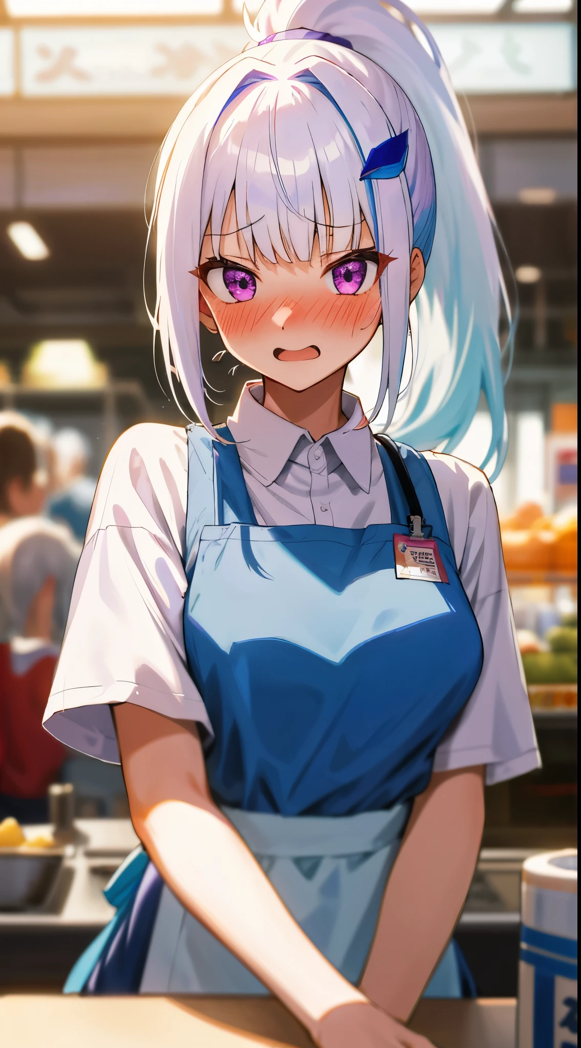 One girl with high ponytail hair, bangs, white hair, blue inner hair:1.25) , purple eyes, looking at viewer, blushing, embarrassed, open mouth, indoor, market, cashier, t shirt, apron, mid-chest, day atmosphere, hair ornament, medium breasts, upper body, focus, blurry background