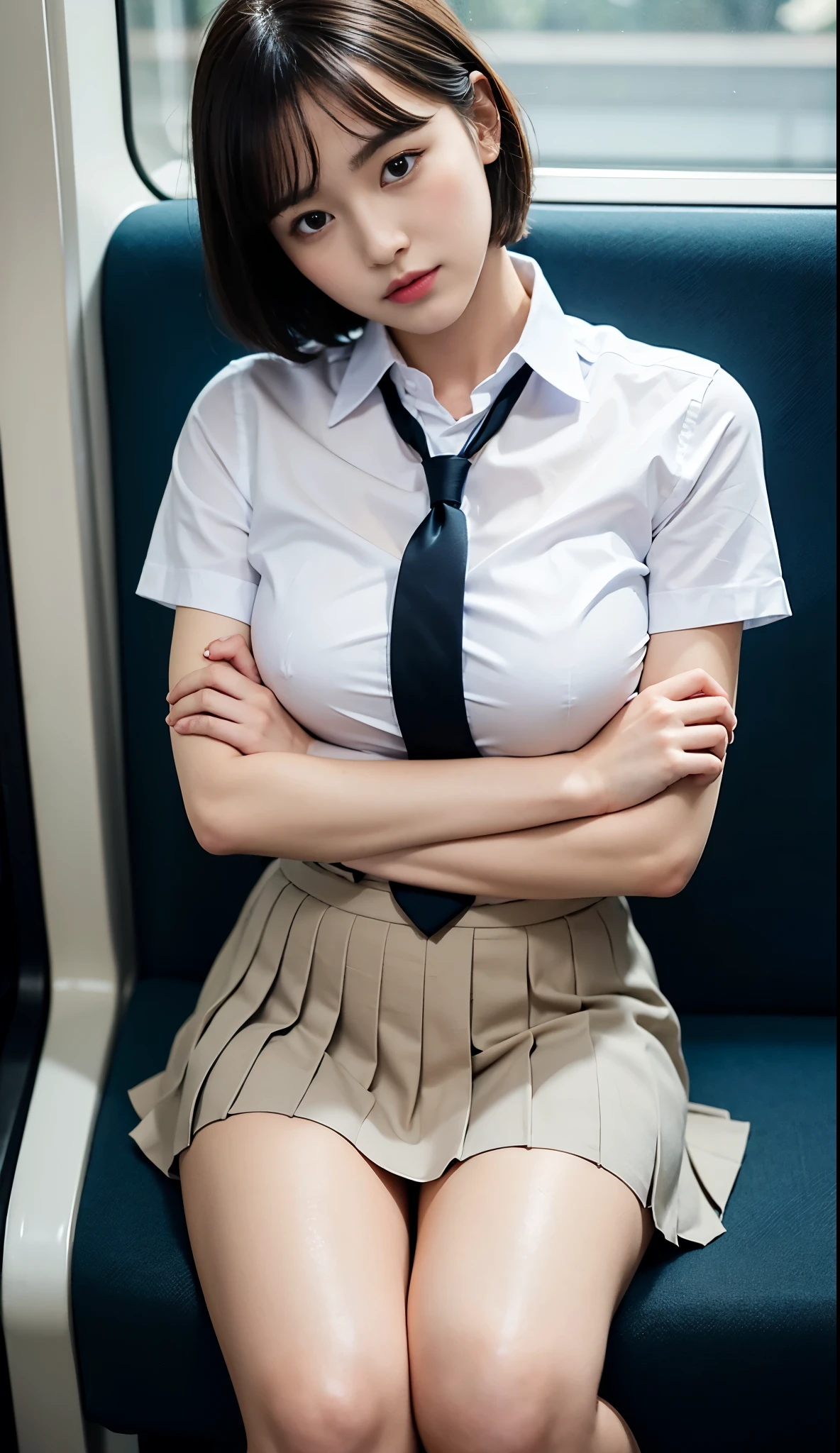 (masterpiece, best quality:1.2), 1 woman, thighs, Sitting on the train, School uniform, Realistic, Raw photo, White shirt, Pleated skirt, black loafers, short Hair, Looking at Viewer, Best Quality, huge breasts, full body,  necktie between breasts, crossed arms, short hair, bangs,