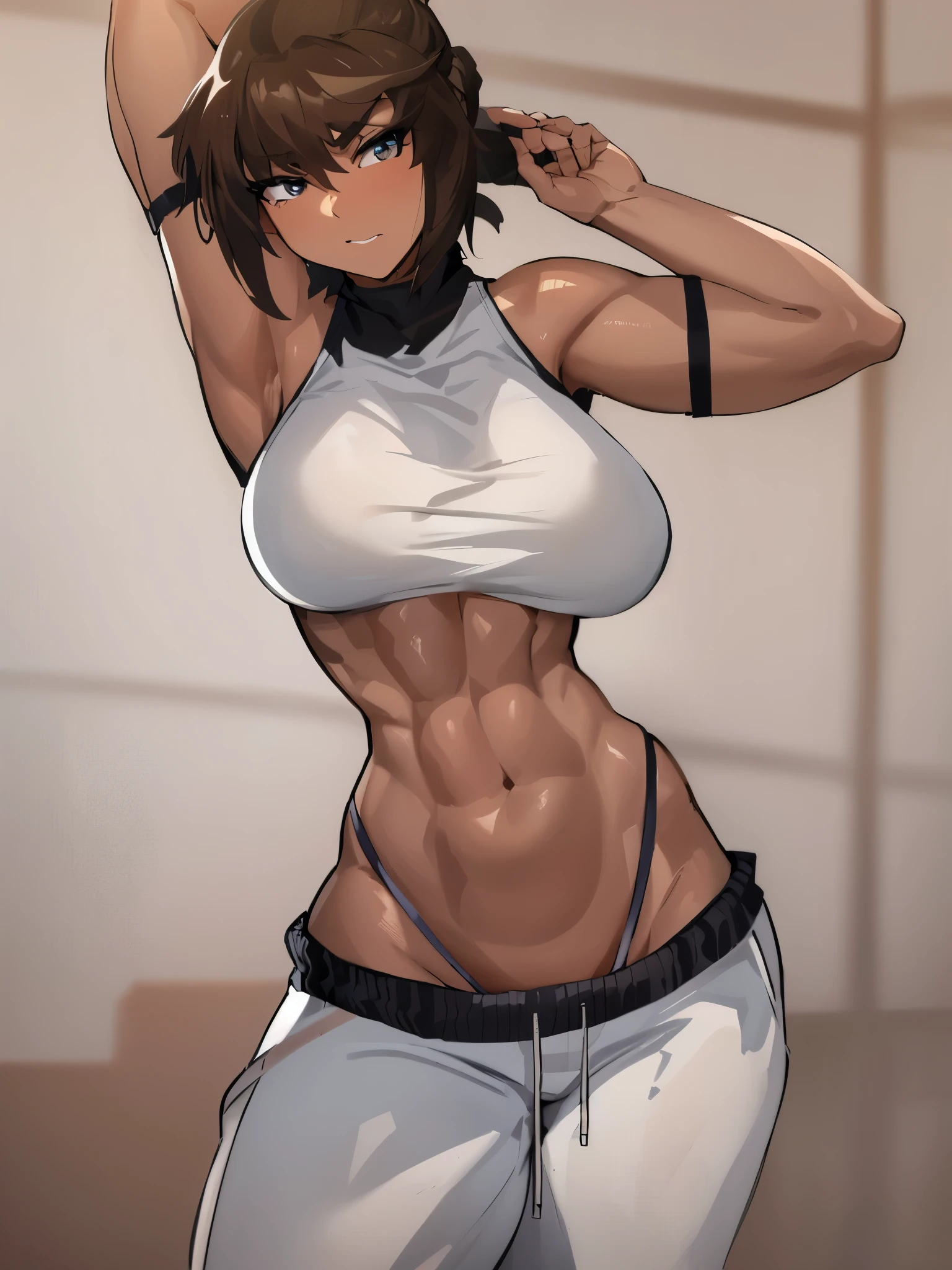 masterpiece:1.2, 1woman, (20 years old), (best quality), (real photo, complex details, depth of field), highly detailed face, (appreciative look), beautiful nose, (beautiful bright dark steel-colored eyes), (huge breasts : 1.3), (hands raised, hands clasped behind the head), moderate musculature, wide hips, attractive waist, high toned belly, beautiful pumped-up abs, beautiful navel, (high short black ponytail: 1.2), sexy, disproportionate breasts, hanging breasts, ((light brown sport top)), (athletic sleeves), (loose sweatpants), (thong with high straps),