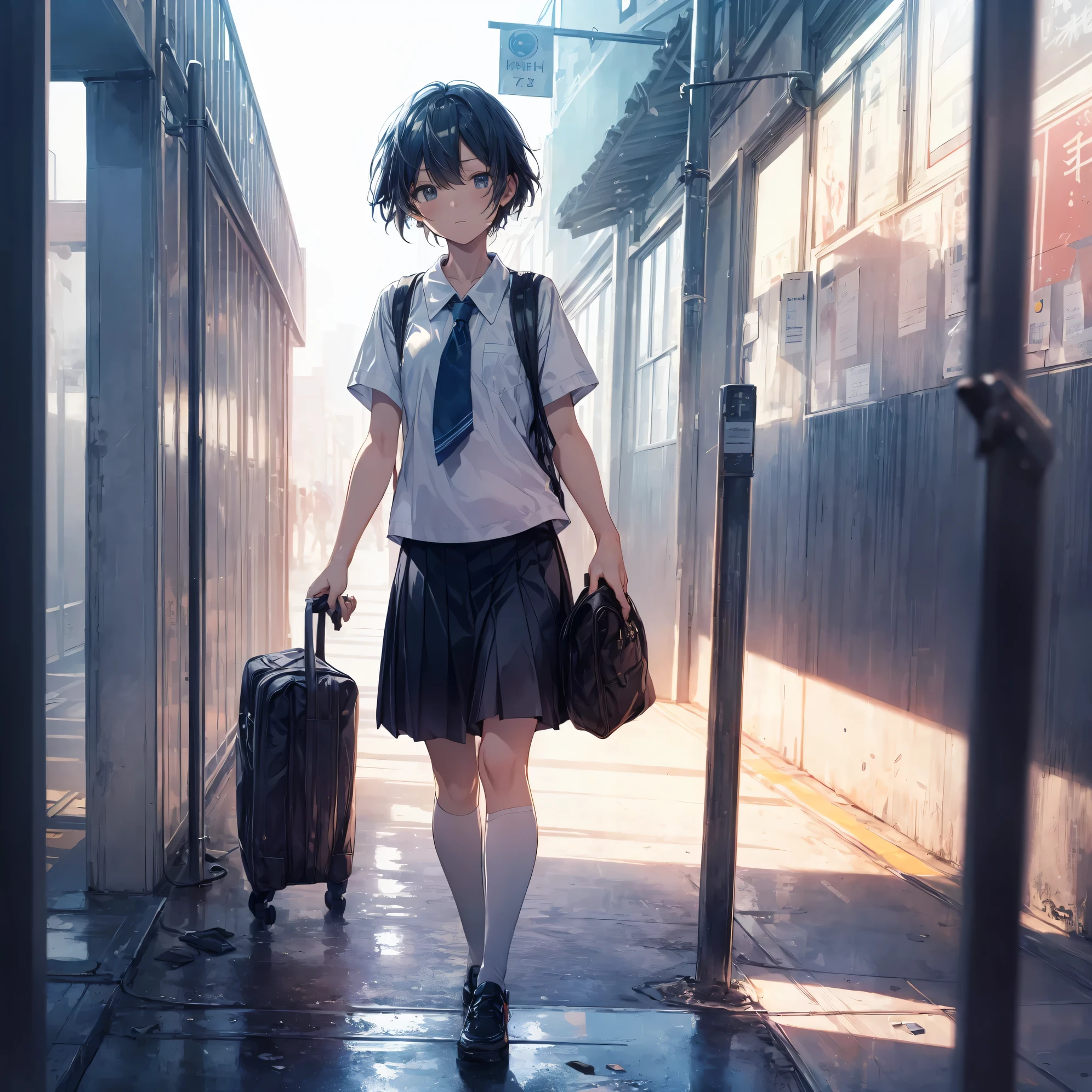 Super high quality by the art god, super detailed, High resolution, Shinkai Makoto style, anime moe art style, best anime 8K konachan wallpaper, pixiv contest winner, perfect anatomy, break,(眠そうにalone学校へ行く女の子を描いてください. ),break, surreal high school girl, (alone,change,child,:1.3),complete limbs, full finger,Middle schoos charm, (extra very short hair), messy hair, flat and soft chest, small ass, between legs, small eyes,Detailed and beautiful black eyes, Well-proportioned iris and pupils, disgusted eyes, High resolutionの詳細な髪, school uniform, skirt, On the way to school. break,super dense skin, Best lighting by famous artists, 8K, illustration,